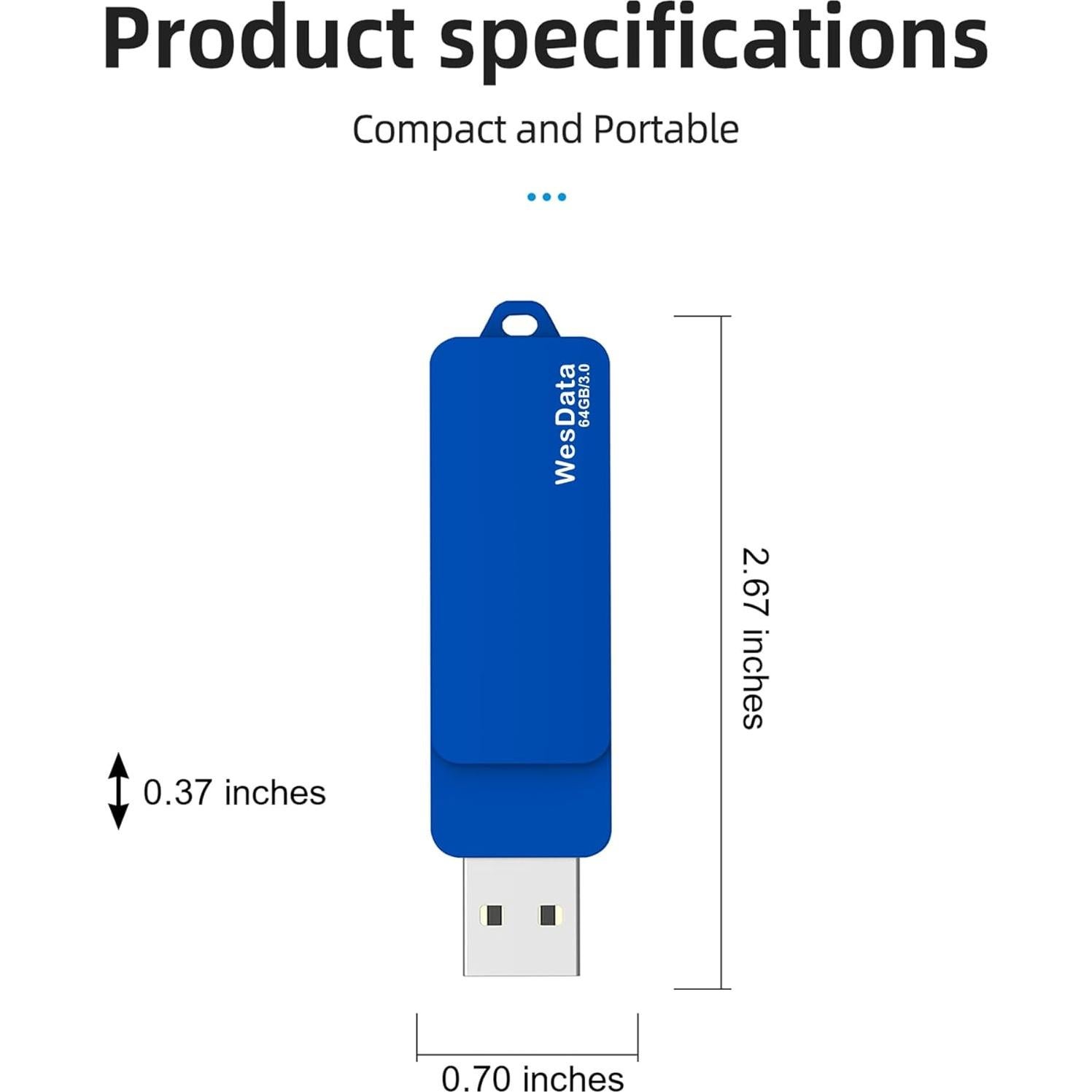 64GB 3.0 USB C Flash Drive with Type C and Type A Port, USB C Thumb Drives Storage and Backup for Smart Phones with OTG Function and Type C Port, Laptops, MacBook, PC(Blue)