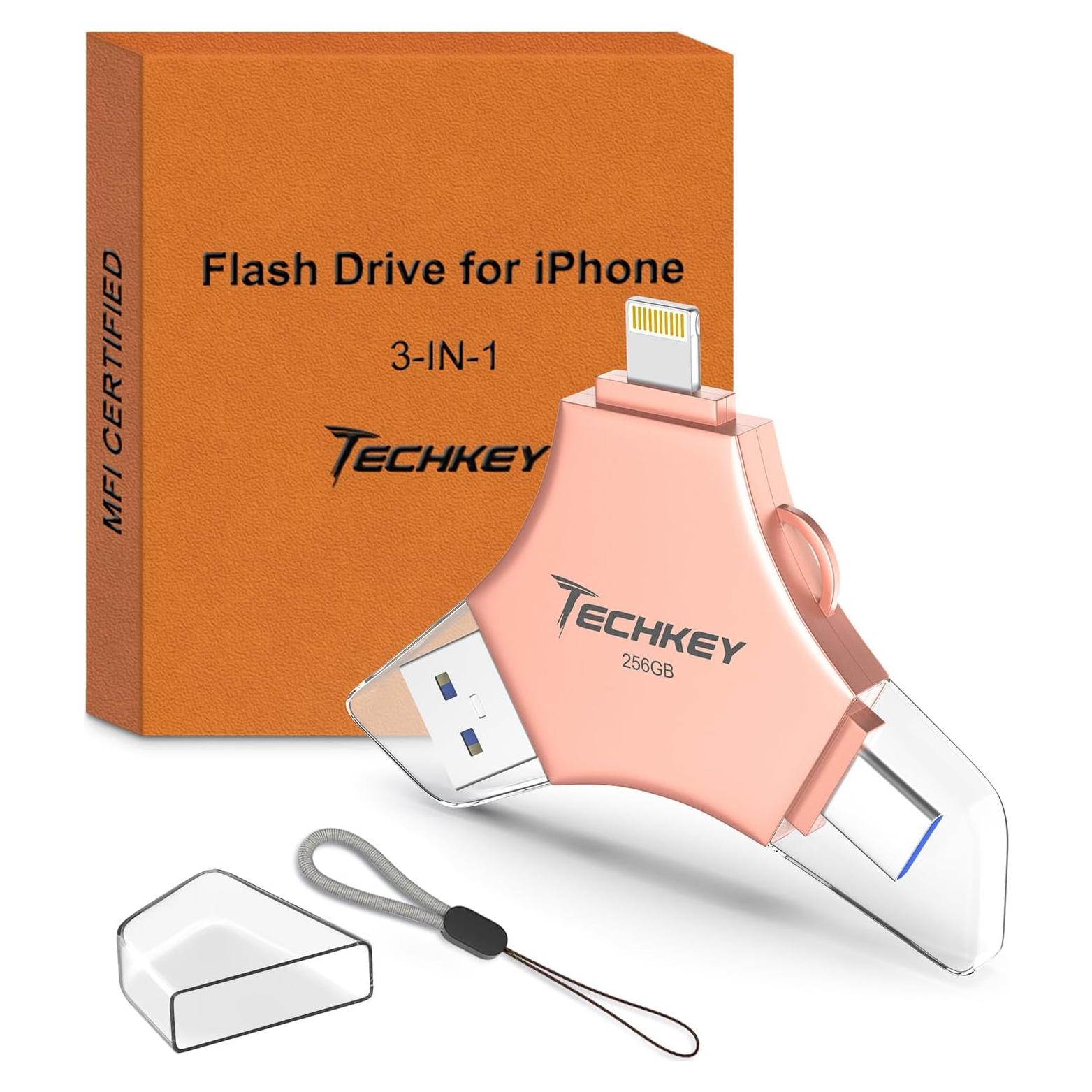 Unidad Flash USB 3.0 Techkey 256GB 3 en 1 MFi Rosa Dorado