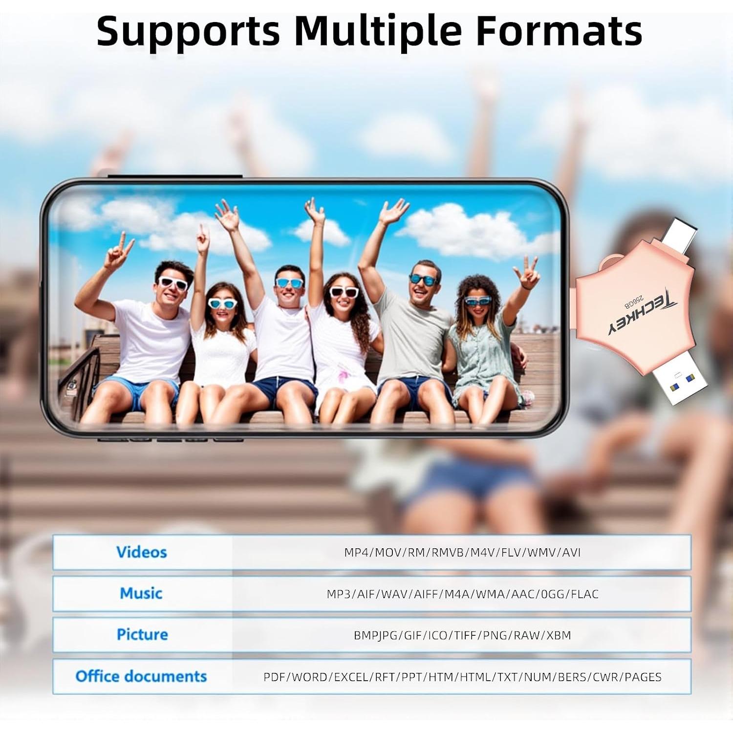 Unidad Flash USB 3.0 Techkey 256GB 3 en 1 MFi Rosa Dorado