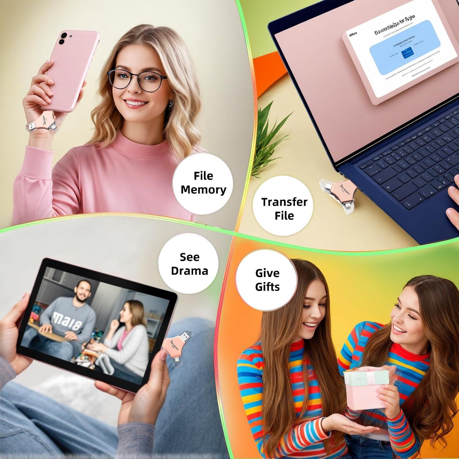 Unidad Flash USB 3.0 Techkey 256GB 3 en 1 MFi Rosa Dorado