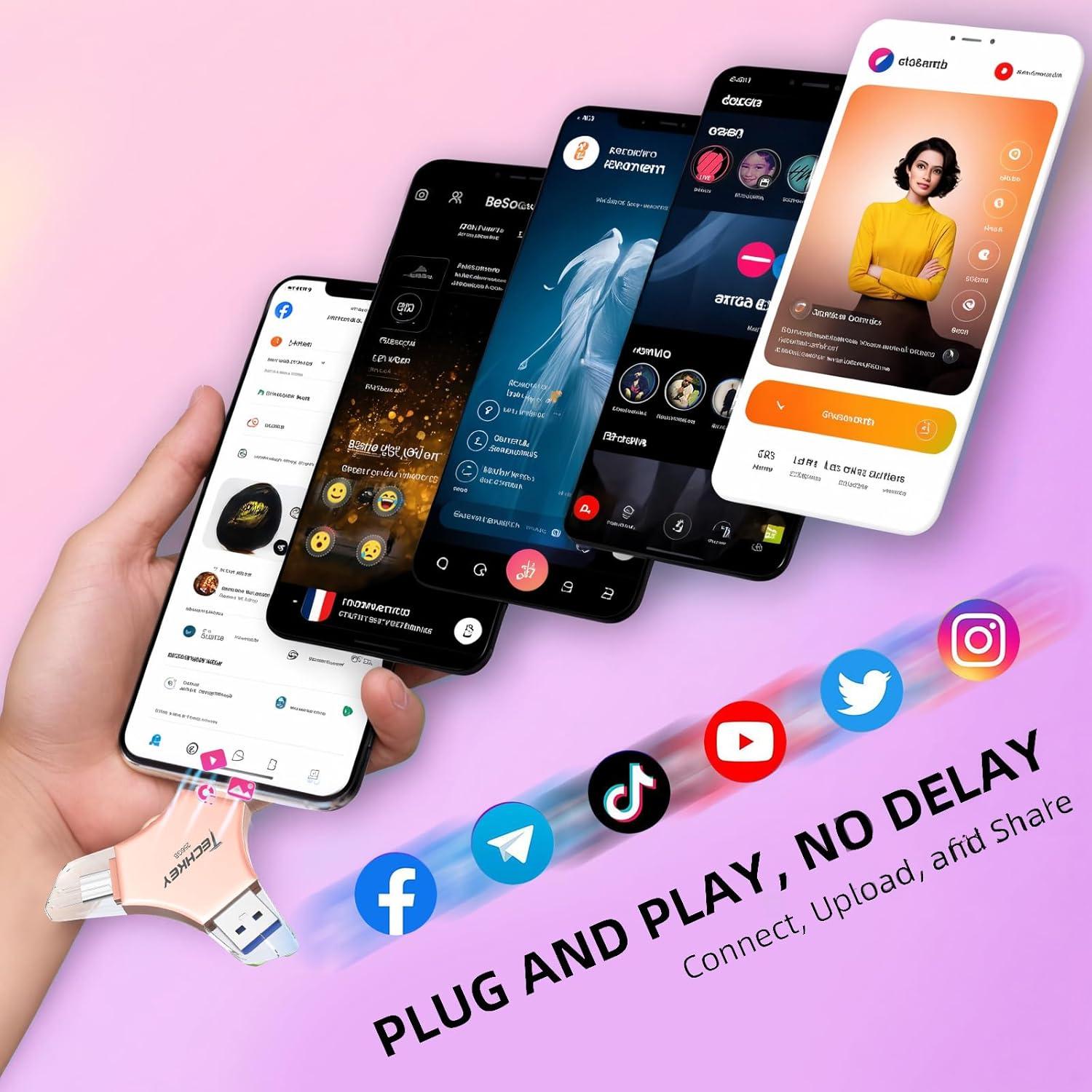 Unidad Flash USB 3.0 Techkey 256GB 3 en 1 MFi Rosa Dorado