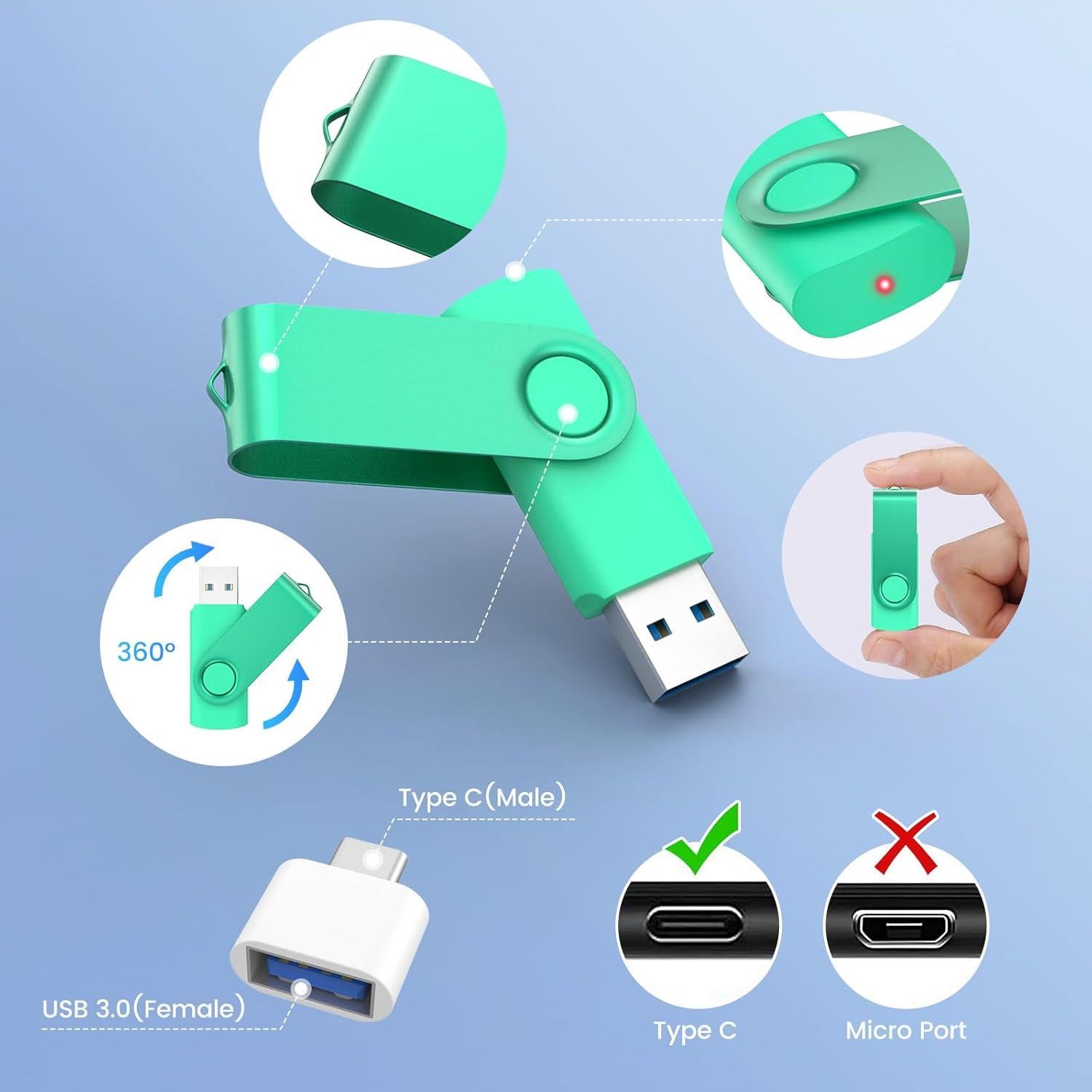 Paquete de 2 Unidades Flash USB 3.0 128GB Wooolken con Adaptador USB-C