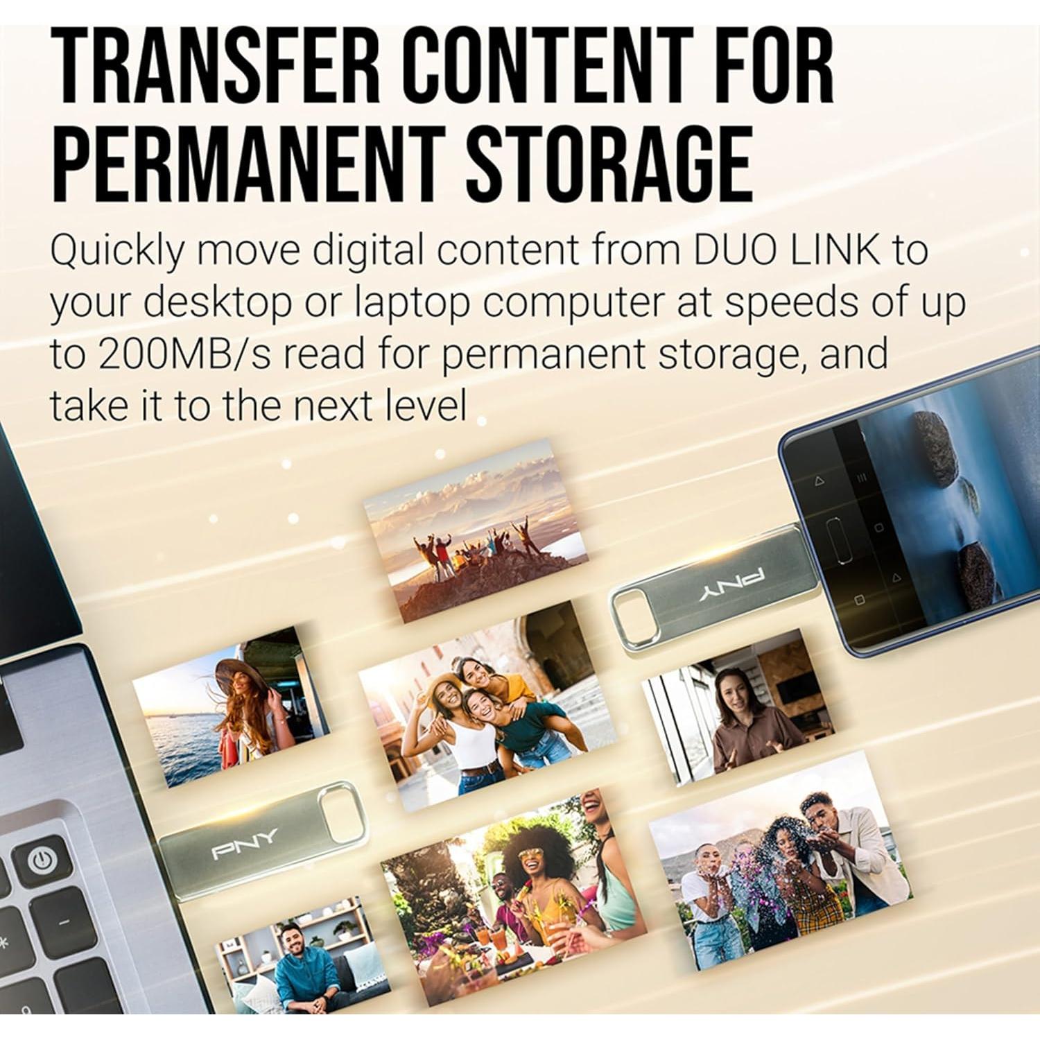 PNY 64GB Duo Link USB 3.2 Type-C Dual Flash Drive for Android Devices and Computers - External Mobile Storage for Photos, Videos, and More - 200MB/s