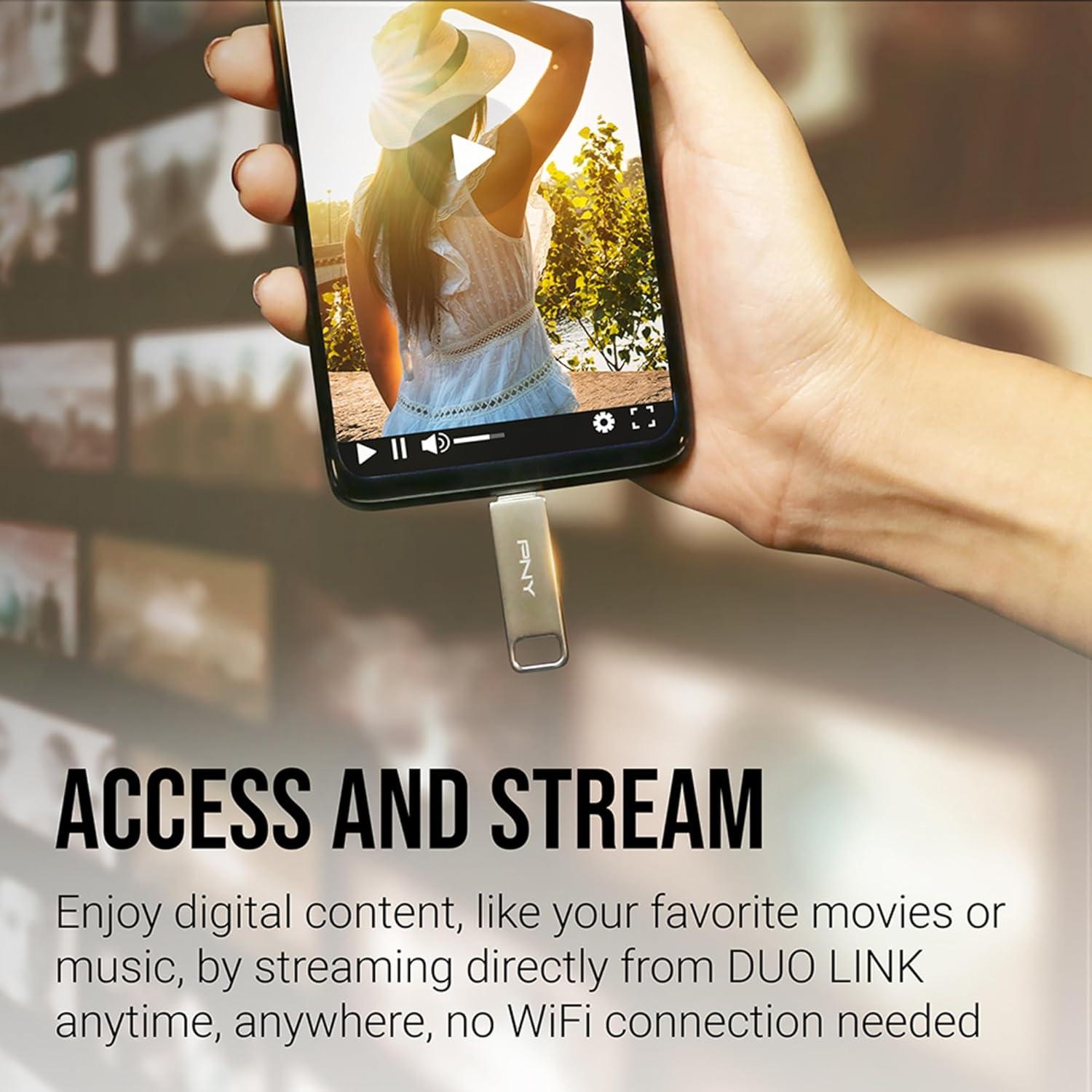 PNY 64GB Duo Link USB 3.2 Type-C Dual Flash Drive for Android Devices and Computers - External Mobile Storage for Photos, Videos, and More - 200MB/s