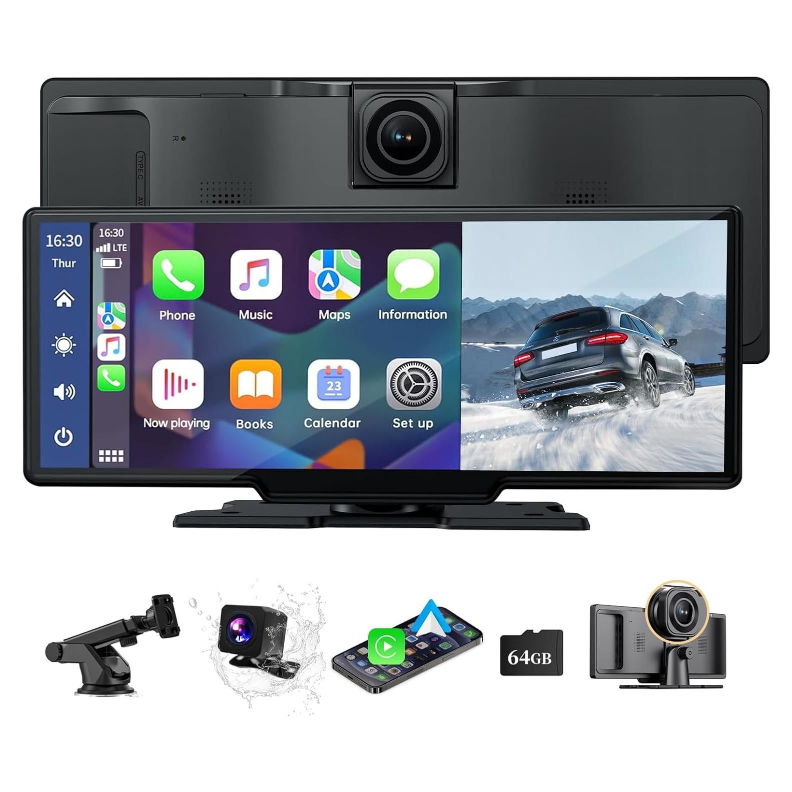 Wireless A pple Carplay Screen,10.26"Portable Car play & Android Auto Touch Screen, Bluetooth Double Din Car Stereo with 4K Dash Cam,Backup Camera/Mirror Link/Voice Control/GPS/AUX/FM for All Vehicles