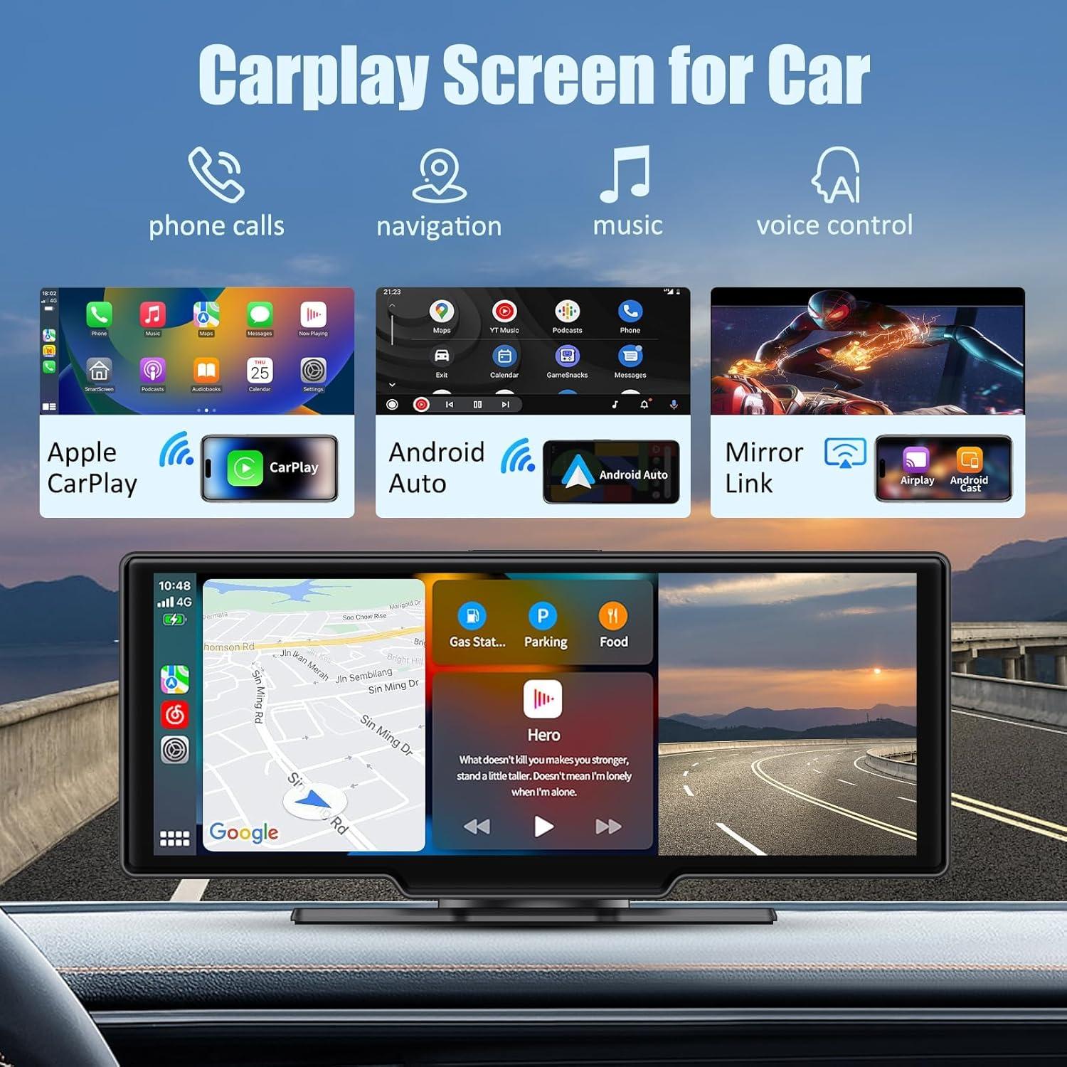 Wireless A pple Carplay Screen,10.26"Portable Car play & Android Auto Touch Screen, Bluetooth Double Din Car Stereo with 4K Dash Cam,Backup Camera/Mirror Link/Voice Control/GPS/AUX/FM for All Vehicles