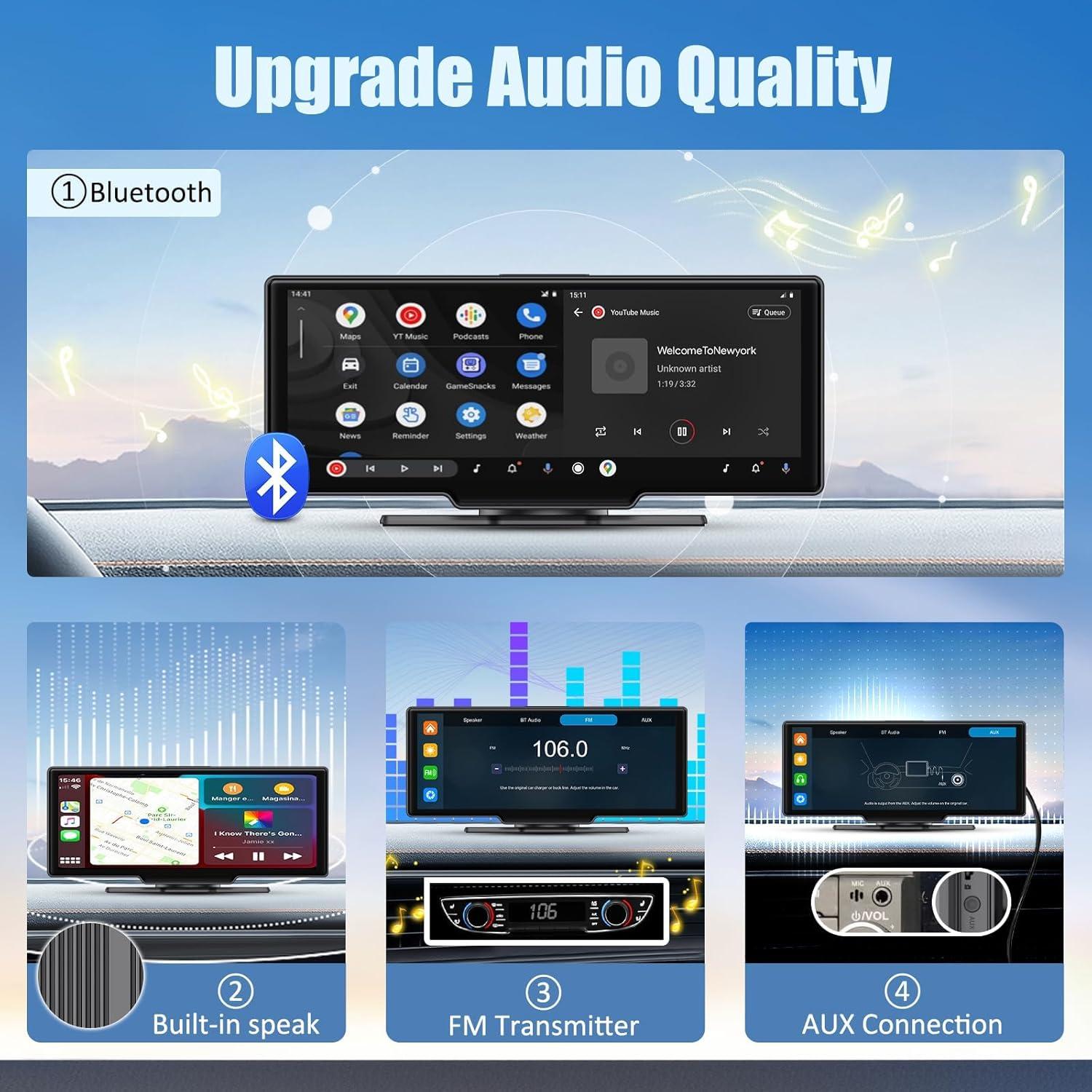 Wireless A pple Carplay Screen,10.26"Portable Car play & Android Auto Touch Screen, Bluetooth Double Din Car Stereo with 4K Dash Cam,Backup Camera/Mirror Link/Voice Control/GPS/AUX/FM for All Vehicles