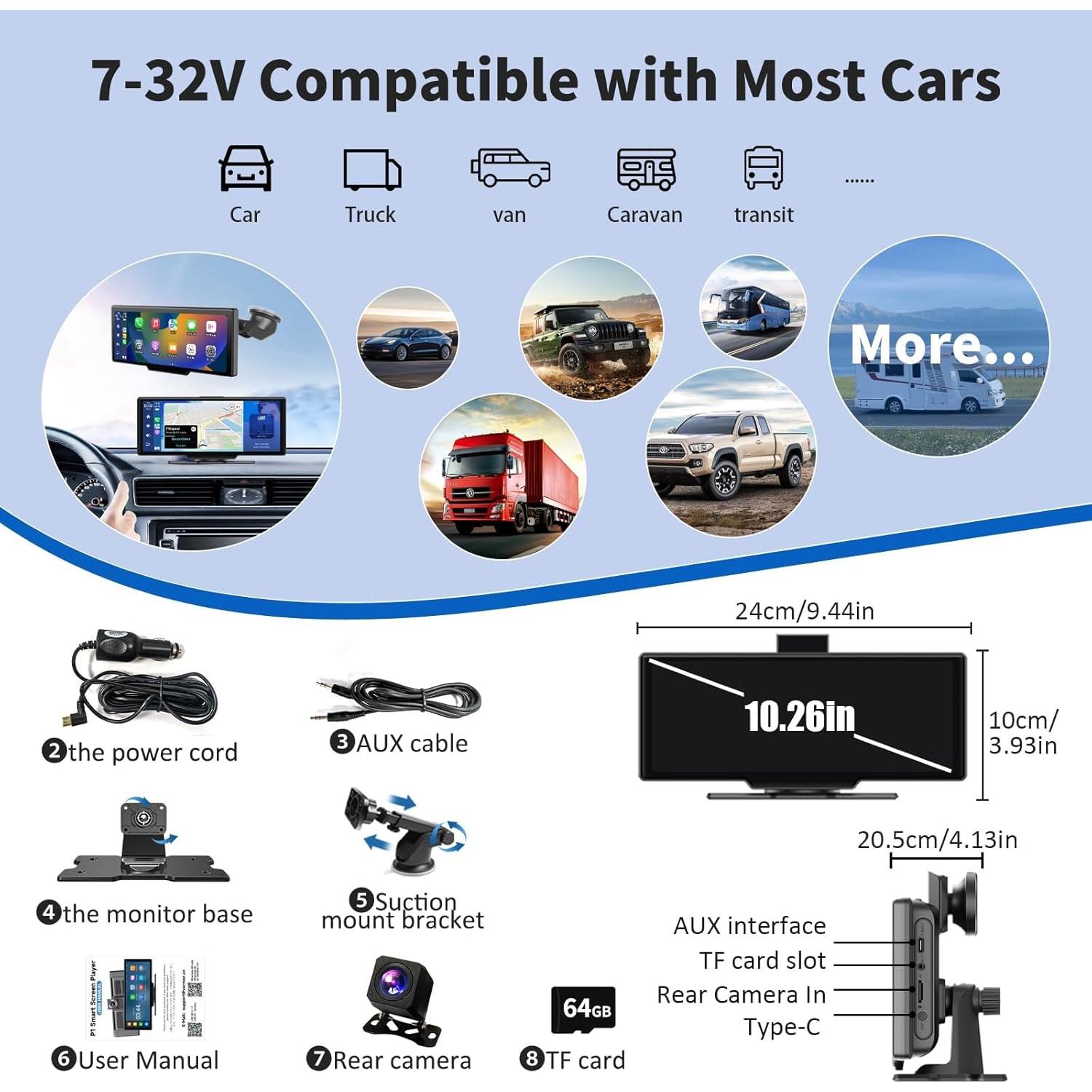 Wireless A pple Carplay Screen,10.26"Portable Car play & Android Auto Touch Screen, Bluetooth Double Din Car Stereo with 4K Dash Cam,Backup Camera/Mirror Link/Voice Control/GPS/AUX/FM for All Vehicles