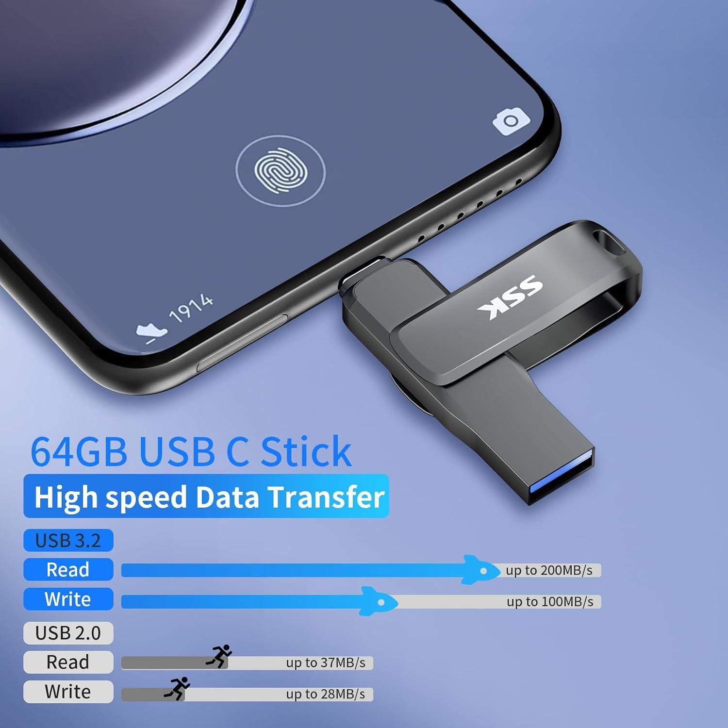 SSK Unidad Flash USB C 64GB Doble Conexión 200MB/s
