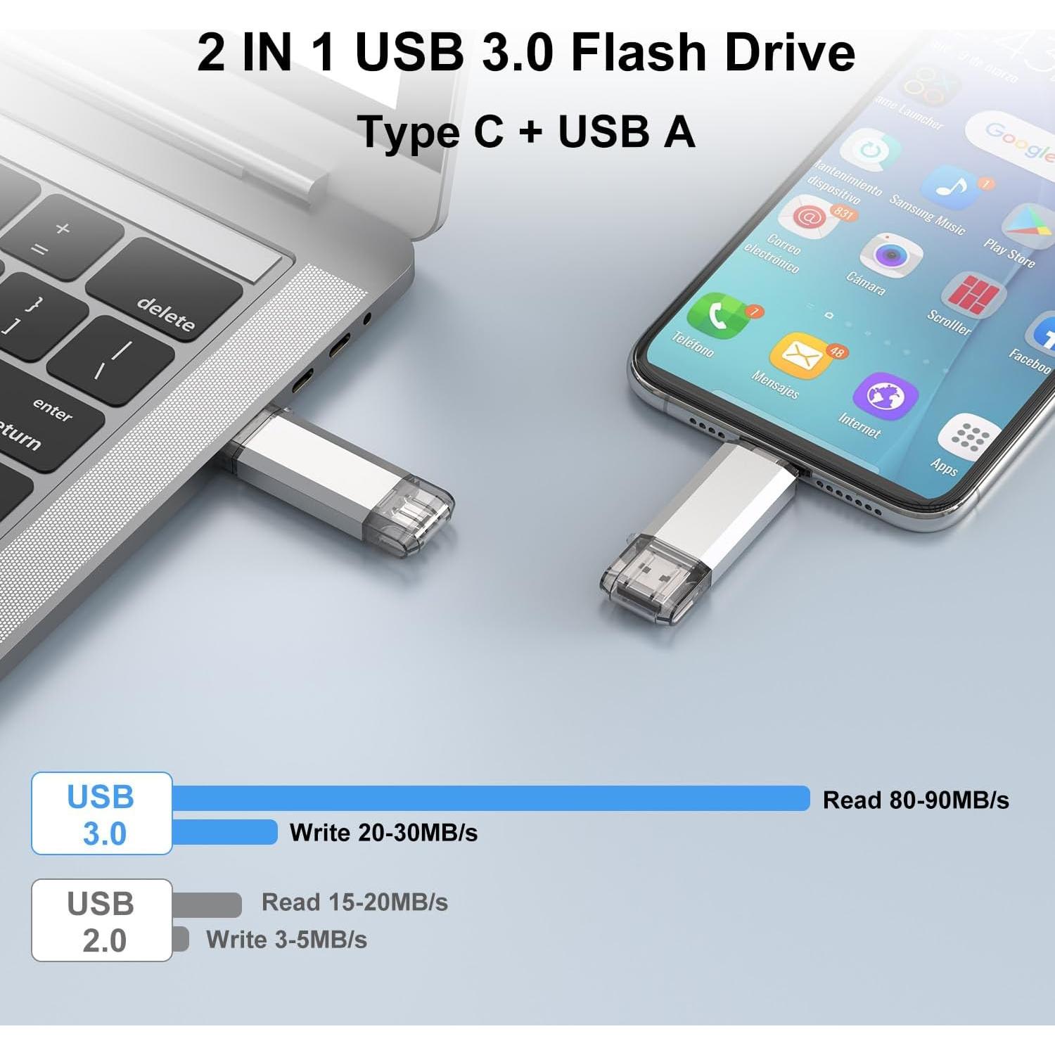 RAOYI 128GB Unidad Flash USB C 2 en 1 OTG Plata