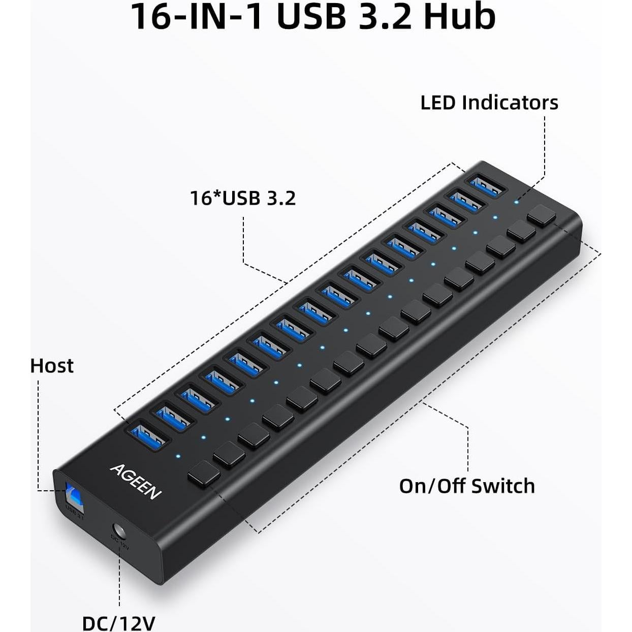Hub USB 3.2 de 16 Puertos AGEEN 10Gbps con Adaptador 96W