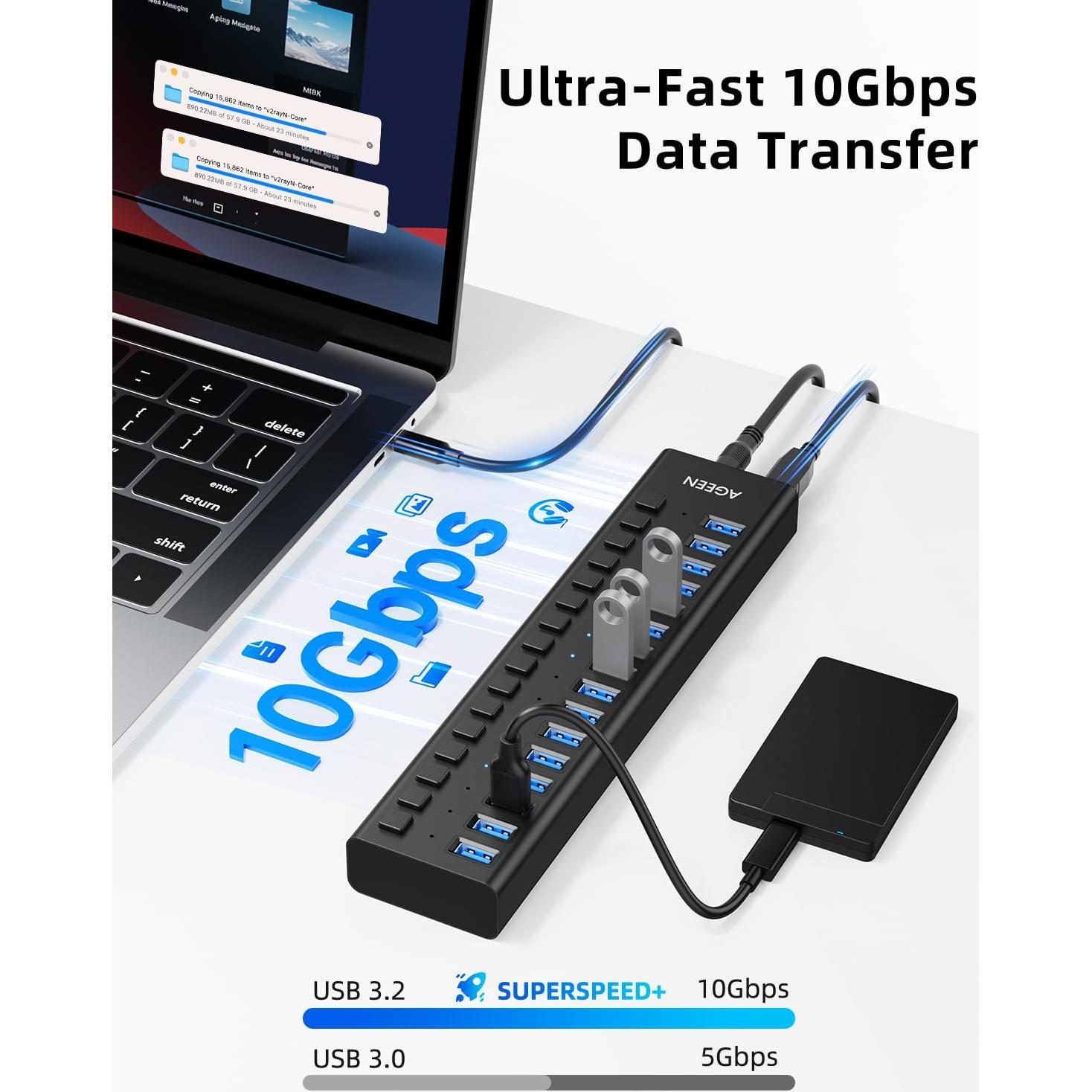 Hub USB 3.2 de 16 Puertos AGEEN 10Gbps con Adaptador 96W
