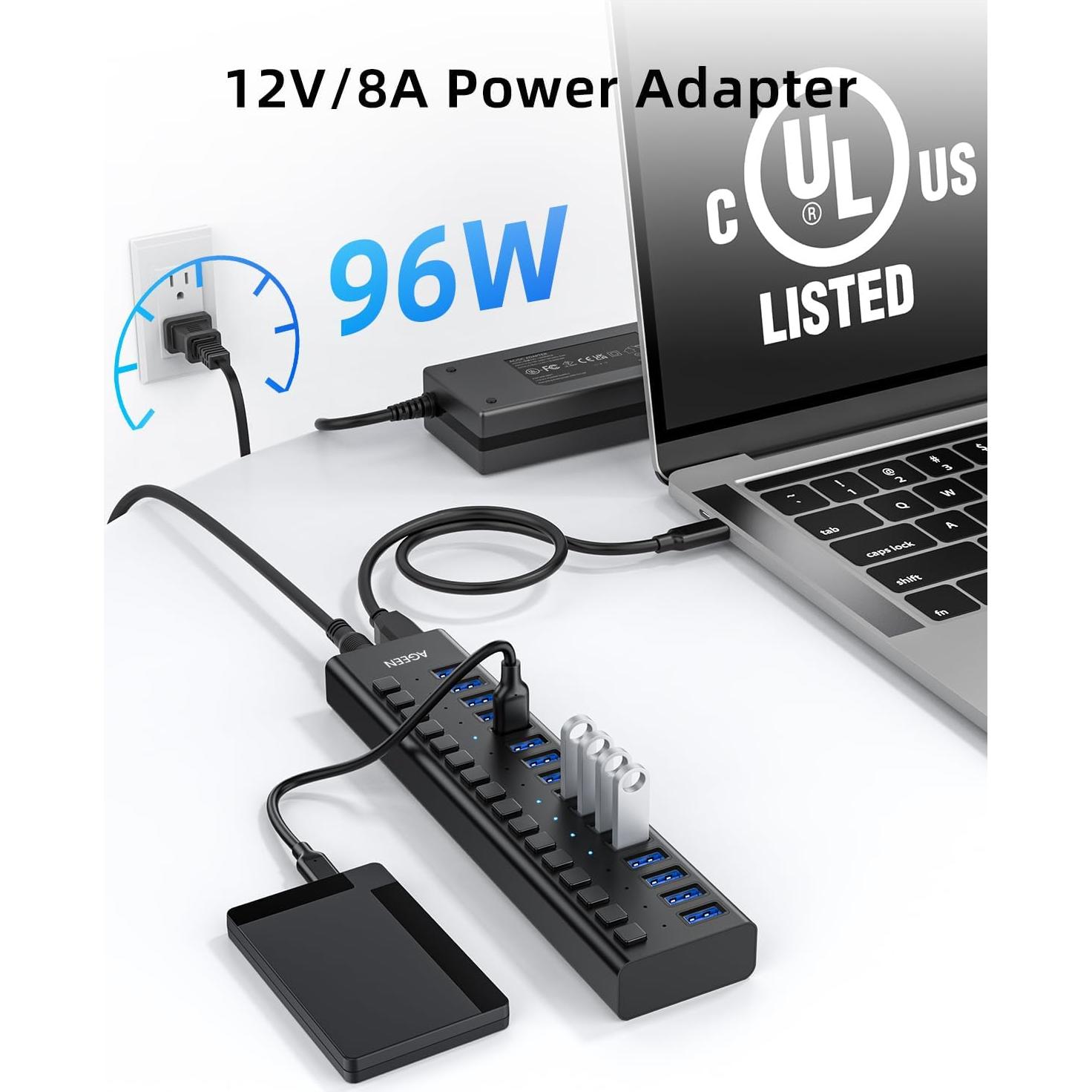 Hub USB 3.2 de 16 Puertos AGEEN 10Gbps con Adaptador 96W