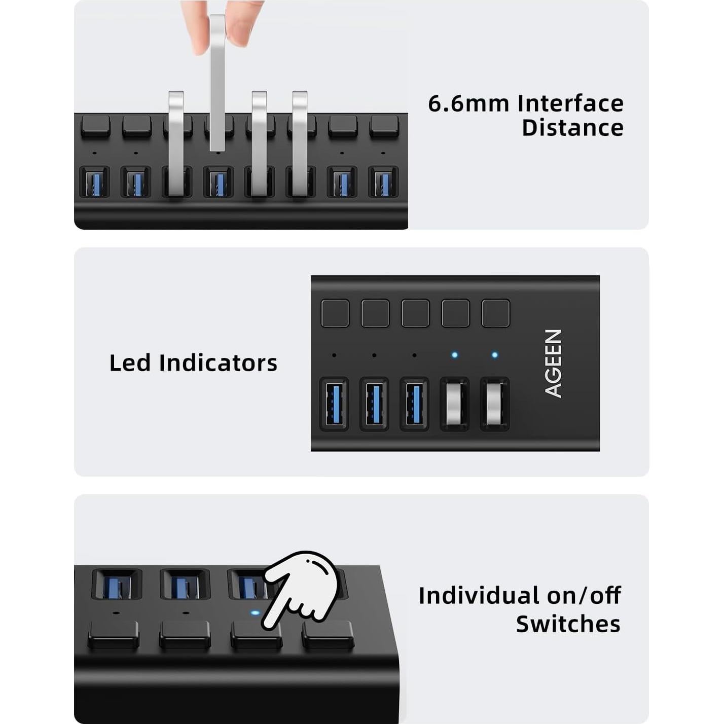 Hub USB 3.2 de 16 Puertos AGEEN 10Gbps con Adaptador 96W