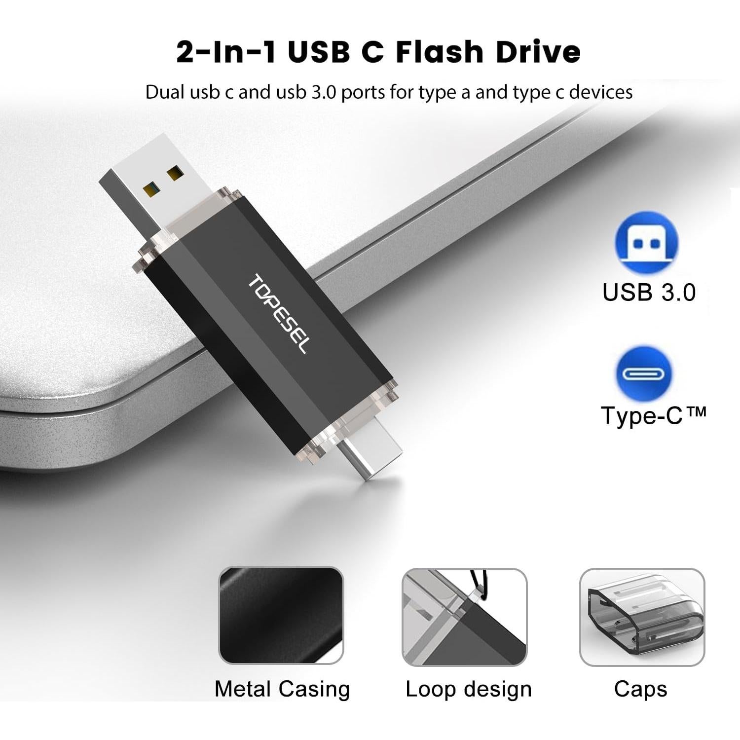 Unidad Flash USB C 256GB TOPESEL Doble 2-en-1 USB 3.0