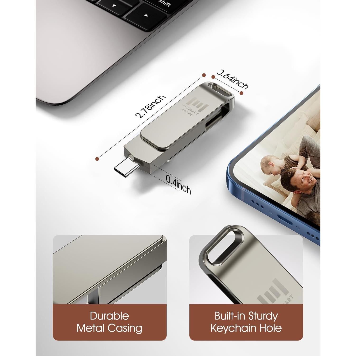 Unidad Flash USB 3.1 MOSDART 64GB Doble C y A Plata