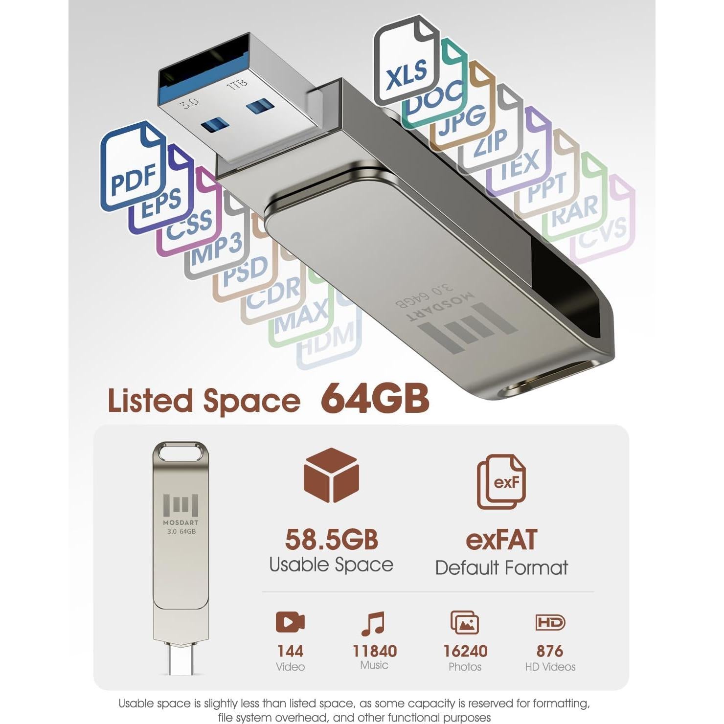 Unidad Flash USB 3.1 MOSDART 64GB Doble C y A Plata