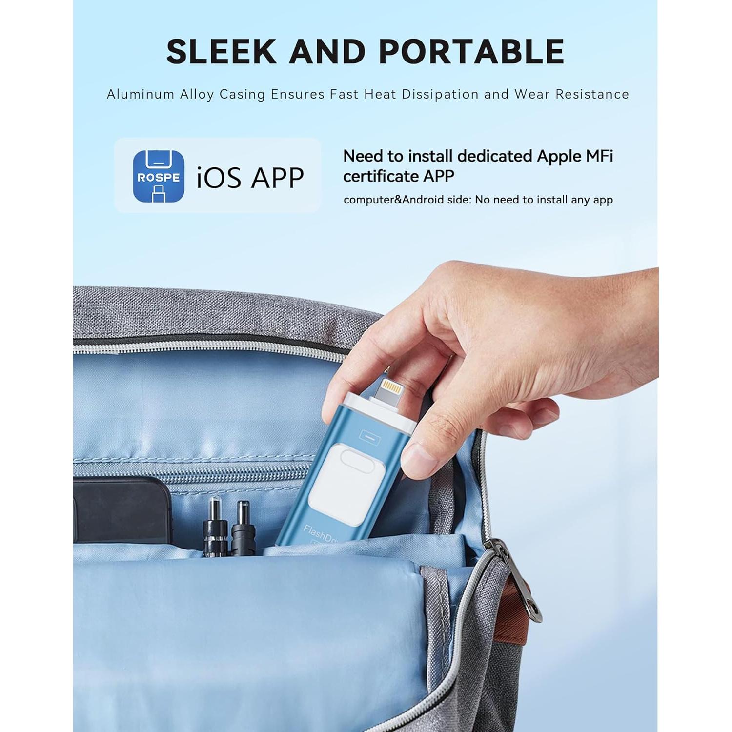 Unidad Flash 128GB ROSPE MFi para iPhone/iPad/Android - Azul