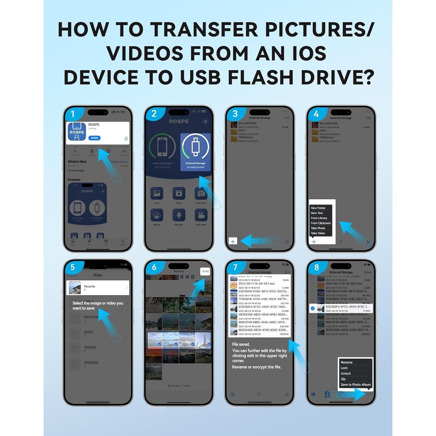 Unidad Flash 128GB ROSPE MFi para iPhone/iPad/Android - Azul