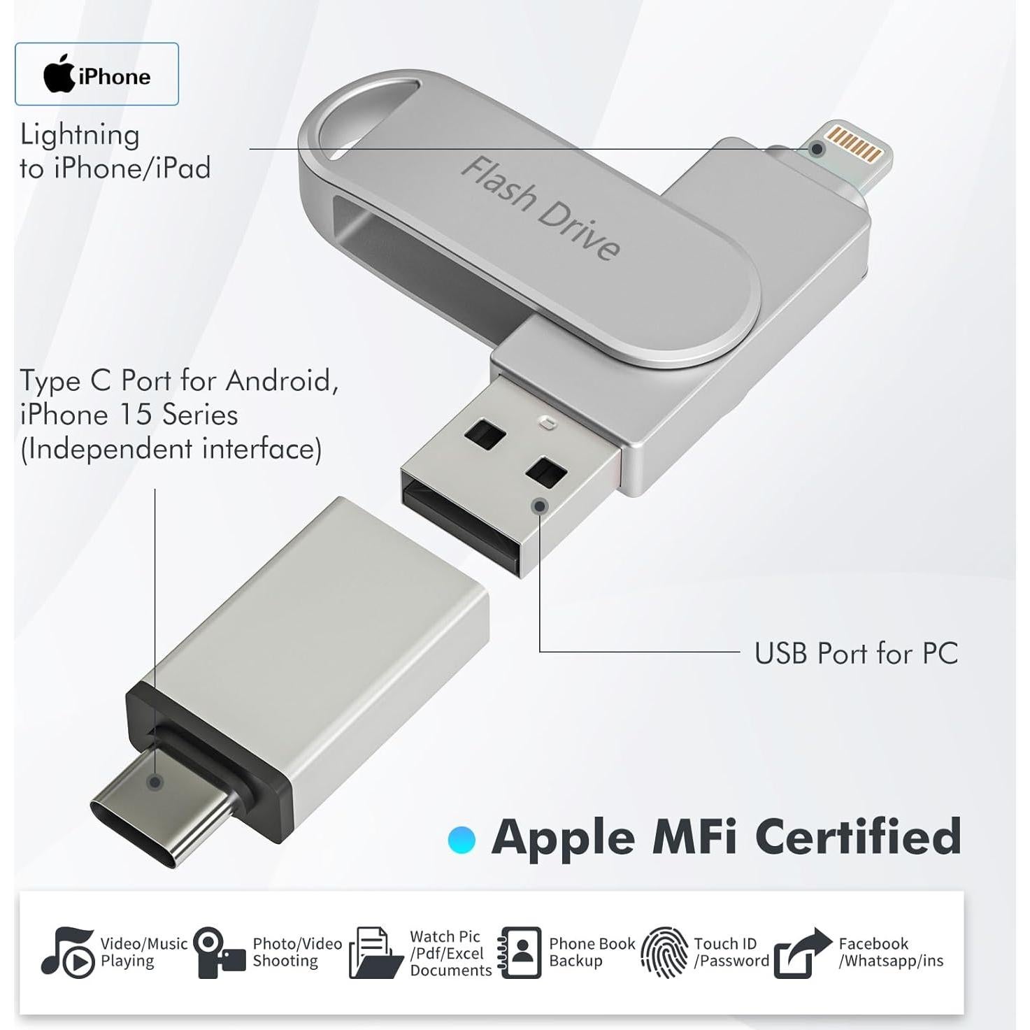 Unidad Flash 512GB Kcsbaui MFi para iPhone/iPad/Android