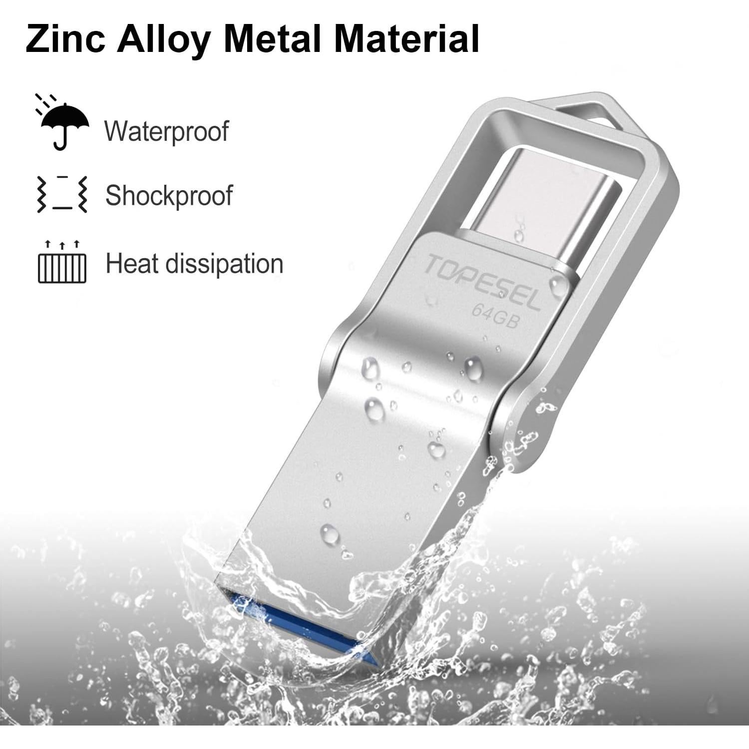 TOPESEL 64GB Unidad Flash USB C y USB A 3.0 Impermeable