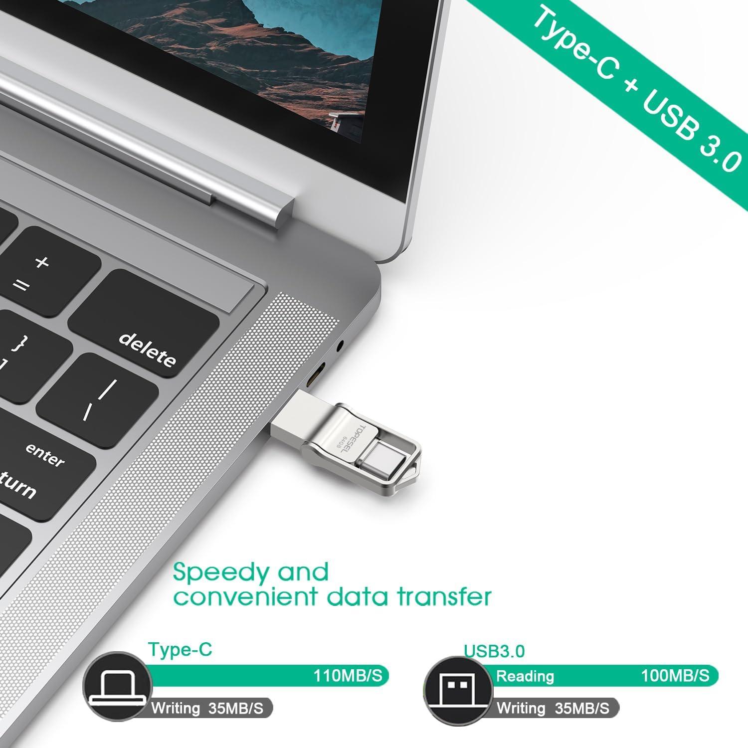 TOPESEL 64GB Unidad Flash USB C y USB A 3.0 Impermeable