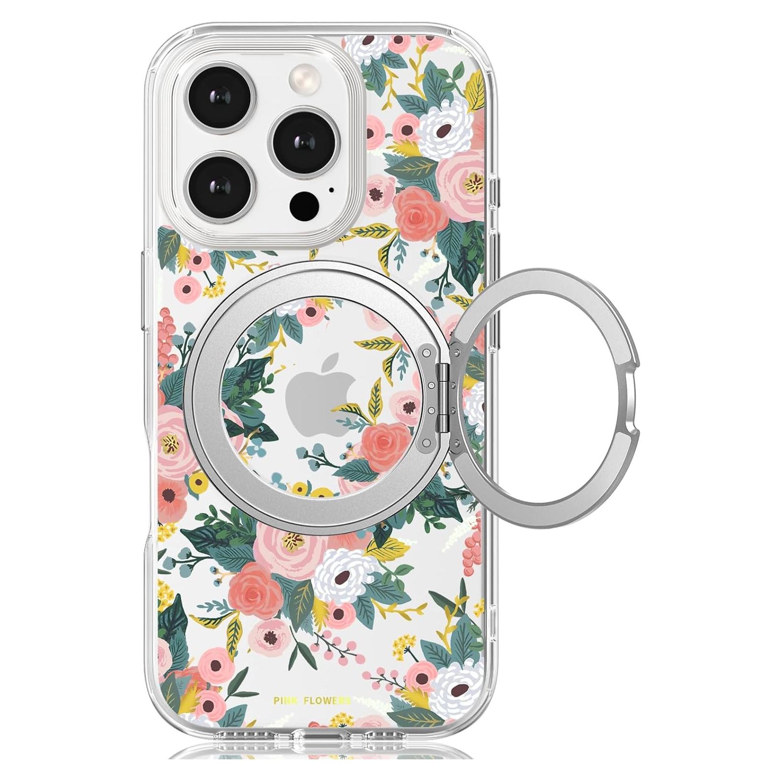 Funda para iPhone 16 Pro FEWGEY Floral Rosa con Soporte 360°