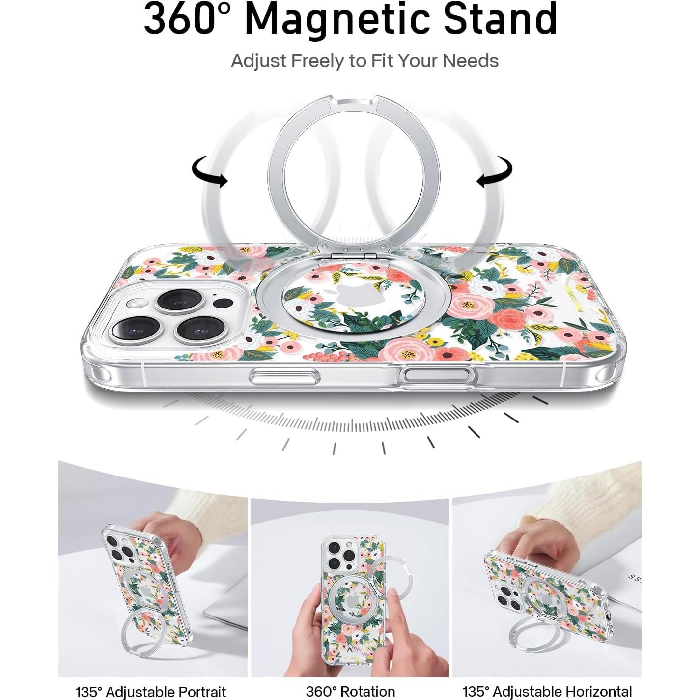 Funda para iPhone 16 Pro FEWGEY Floral Rosa con Soporte 360°