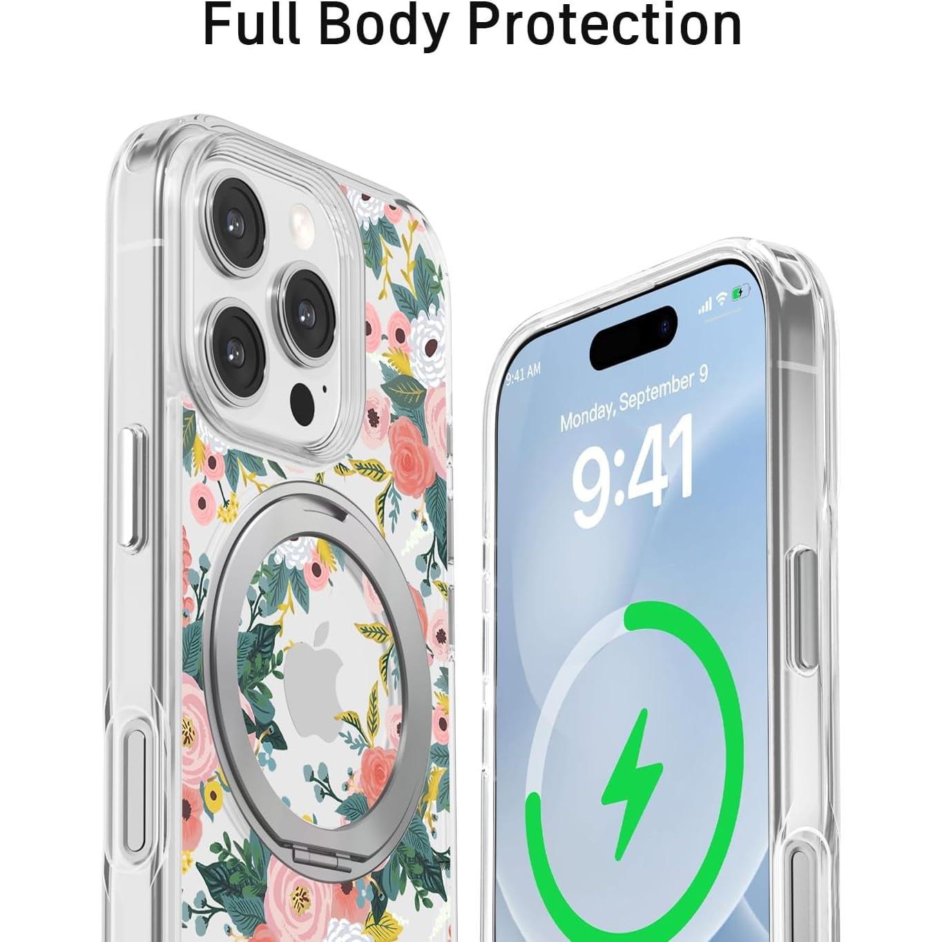 Funda para iPhone 16 Pro FEWGEY Floral Rosa con Soporte 360°