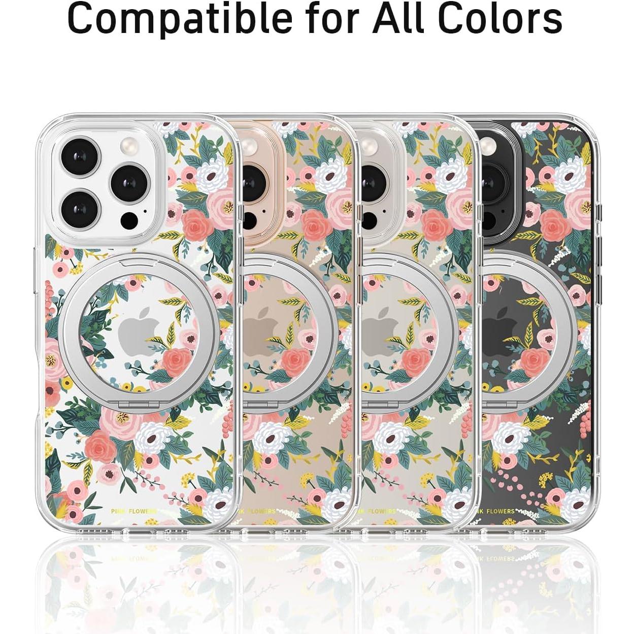 Funda para iPhone 16 Pro FEWGEY Floral Rosa con Soporte 360°