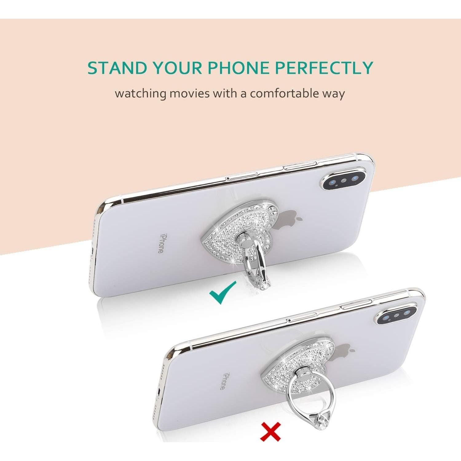 Soporte de Anillo para Teléfono Nsiucion Corazón Brillante Plata