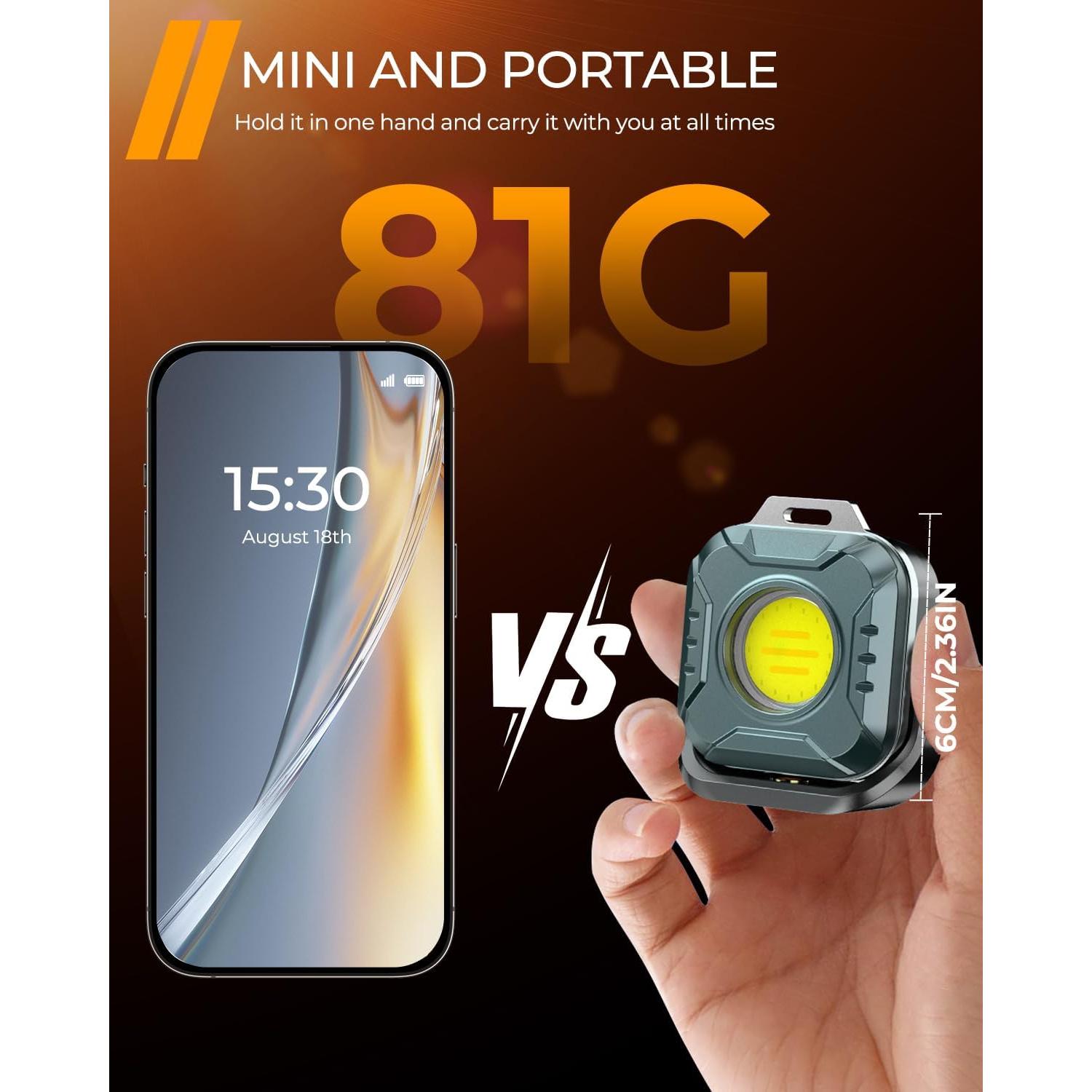 Mini Rechargeable Work Light - Keychain Flashlight 1200mAh 500 Lumens, Led Portable Lamp with Rotatable & Magnet Base for Emergency Light Red, Fishing, Portable Pocket Outdoors Camping