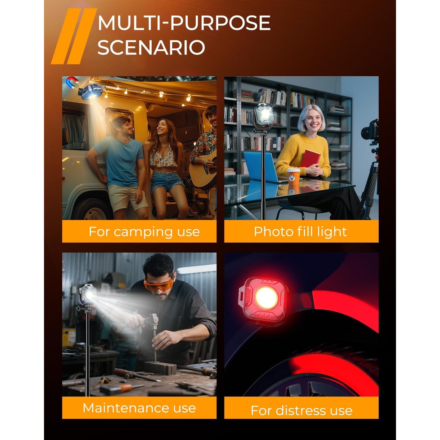 Mini Rechargeable Work Light - Keychain Flashlight 1200mAh 500 Lumens, Led Portable Lamp with Rotatable & Magnet Base for Emergency Light Red, Fishing, Portable Pocket Outdoors Camping