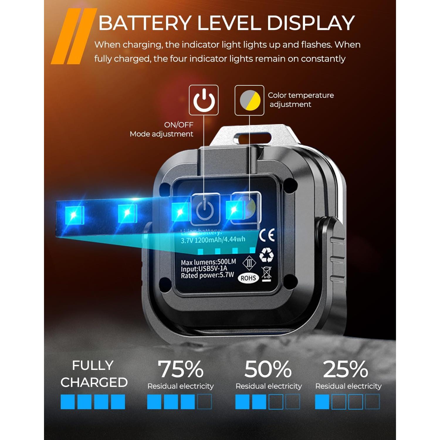 Mini Rechargeable Work Light - Keychain Flashlight 1200mAh 500 Lumens, Led Portable Lamp with Rotatable & Magnet Base for Emergency Light Red, Fishing, Portable Pocket Outdoors Camping