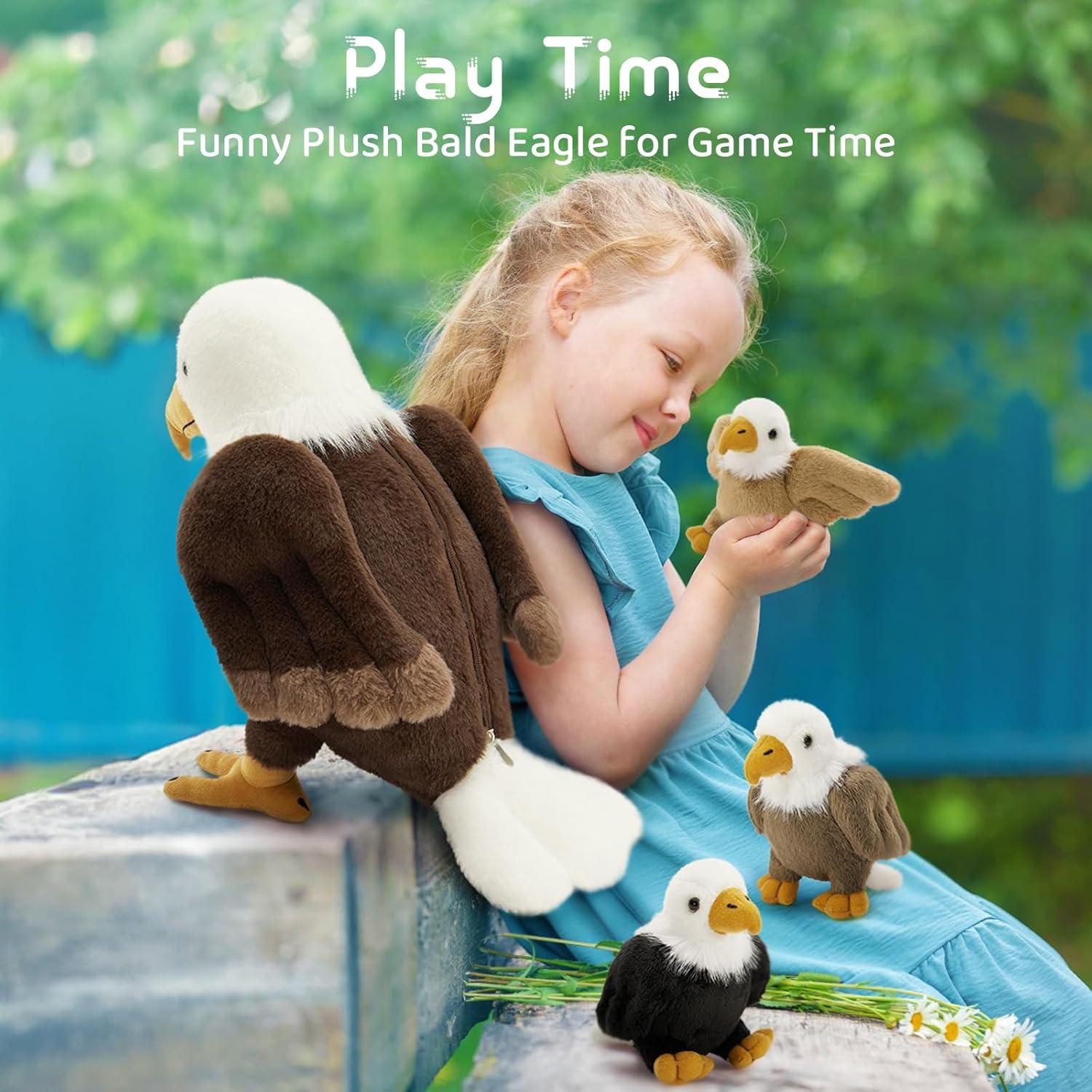 Set 4 Peluches Águila Calva Mamá y 3 Bebés 18 cm