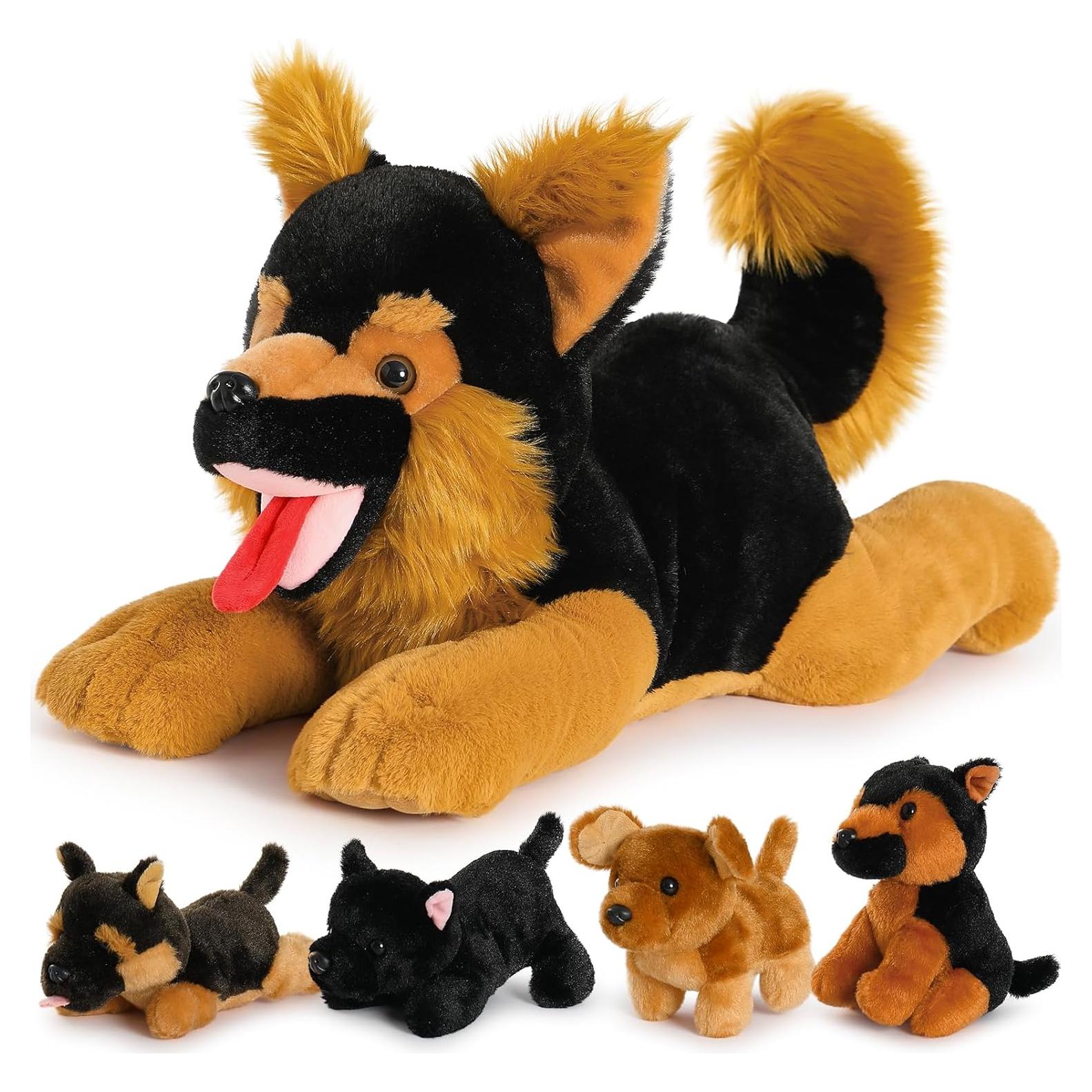 Peluche Pastor Alemán Gigante 50 cm con 4 Bebés