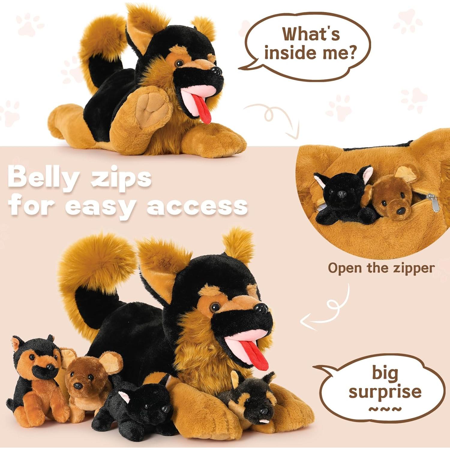 Peluche Pastor Alemán Gigante 50 cm con 4 Bebés