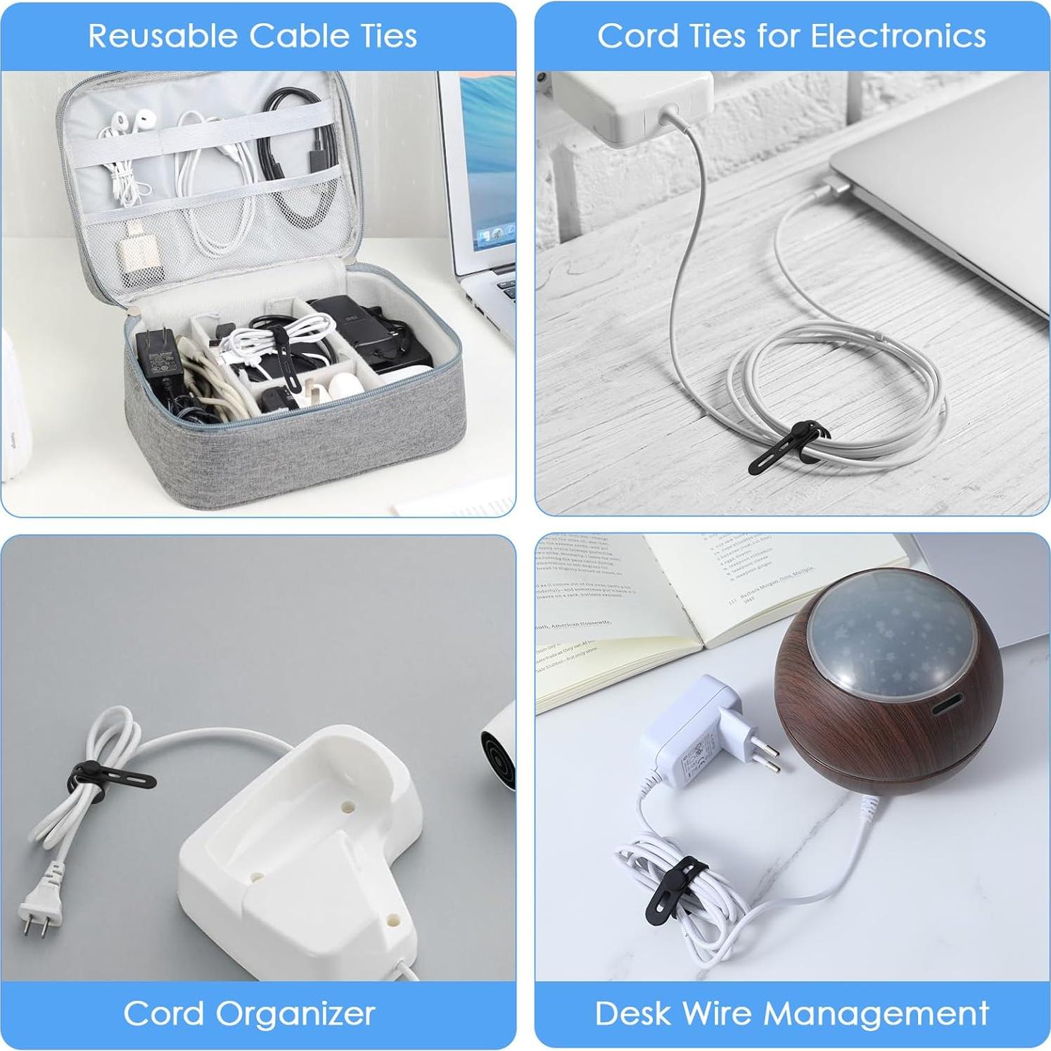 12PCS Silicone Cable Ties Reusable Cord Ties for Electronics, Data Cable Organizer, Elastic Cord Wrap for Home Office Travel Use(Black)