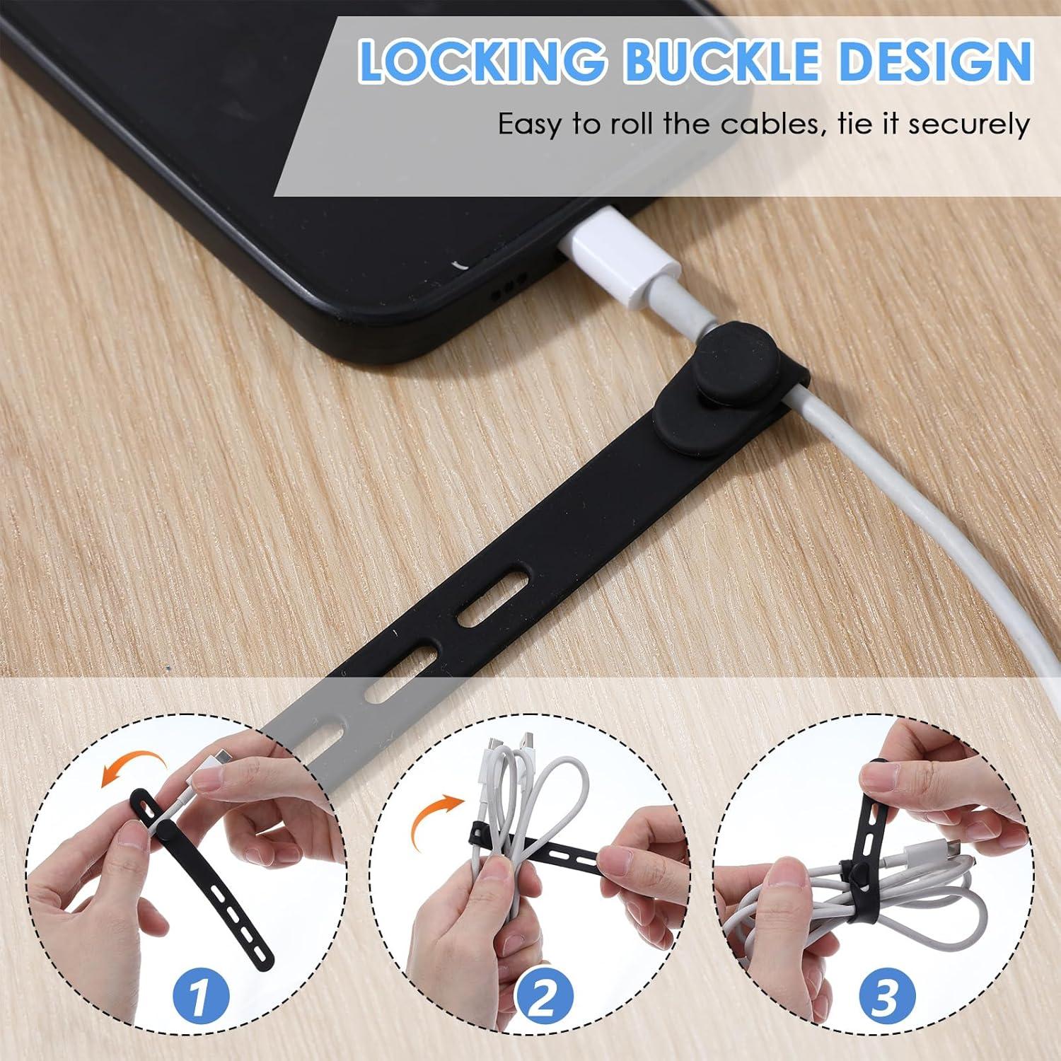 12PCS Silicone Cable Ties Reusable Cord Ties for Electronics, Data Cable Organizer, Elastic Cord Wrap for Home Office Travel Use(Black)