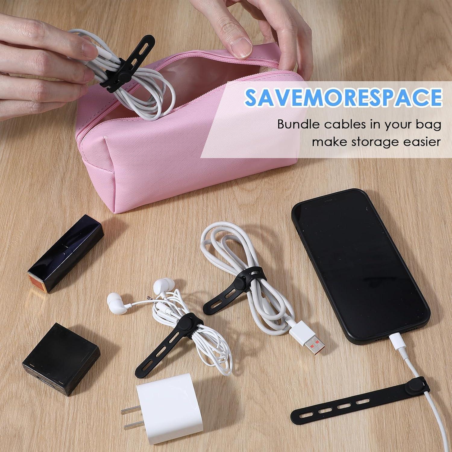 12PCS Silicone Cable Ties Reusable Cord Ties for Electronics, Data Cable Organizer, Elastic Cord Wrap for Home Office Travel Use(Black)