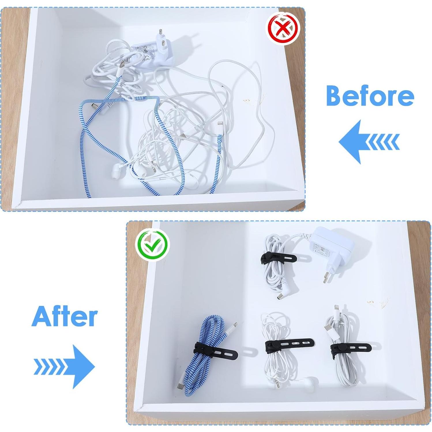 12PCS Silicone Cable Ties Reusable Cord Ties for Electronics, Data Cable Organizer, Elastic Cord Wrap for Home Office Travel Use(Black)