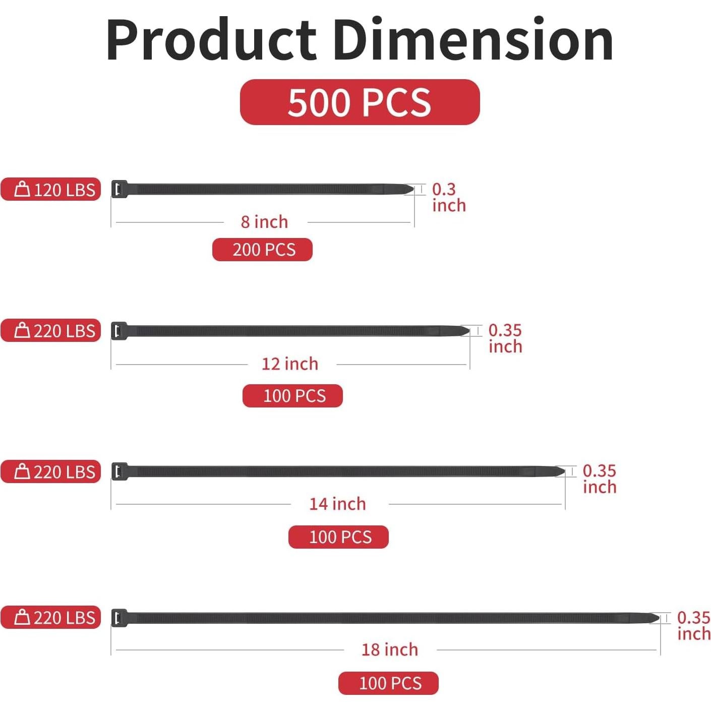 Paquete de 500 Bridas Negras BethTie 20.3-45.7 cm Resistencia 99.79 kg
