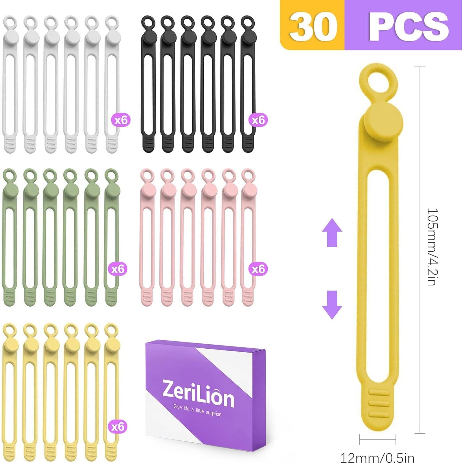 Paquete de 30 Bridas de Silicona ZeriLion - Reutilizables Multicolor
