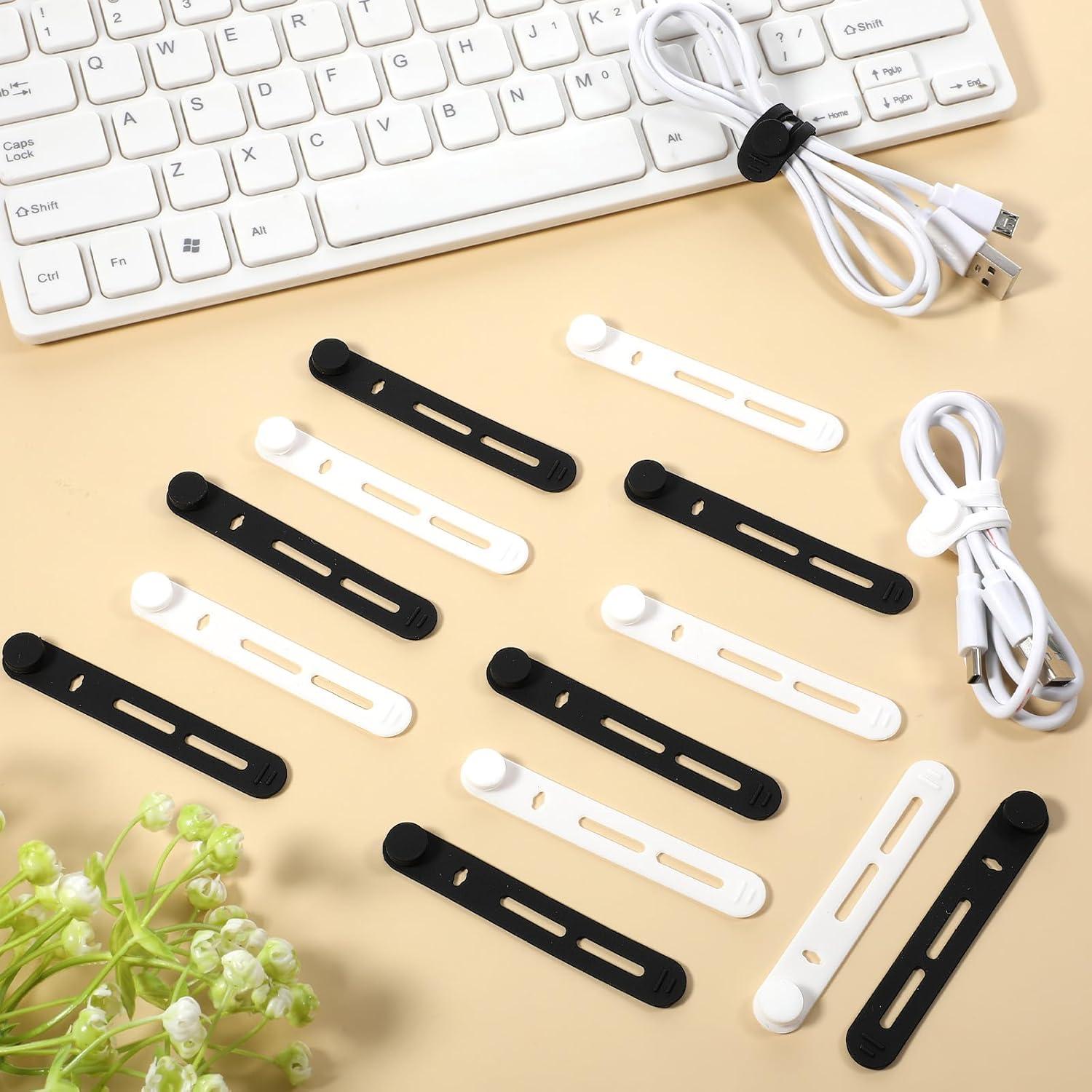 20 Correas de Silicona Psyqtsuary para Organizar Cables - Negro y Blanco