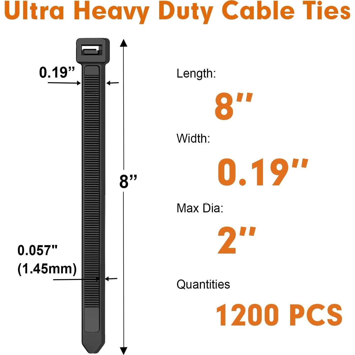 Bridas de Nylon RAZCC 1200pcs 8" Negras 70lb Resistencia