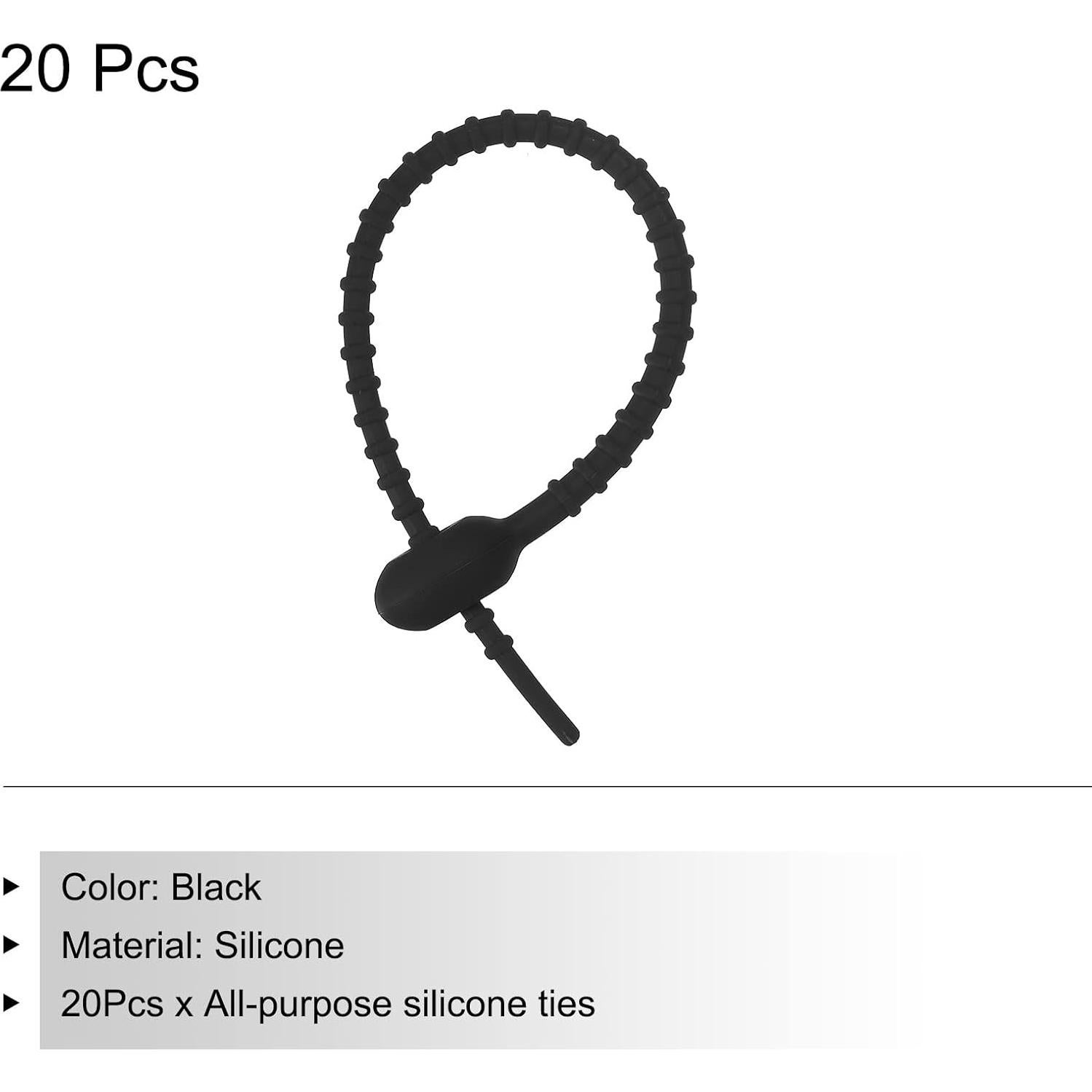 MECCANIXITY 20 Pack Silicone Cable Ties 6 Inch Reusable Zip Ties Silicone Twist Ties for Home Office Kitchen Organizer Food Bag Cord Key Management Black