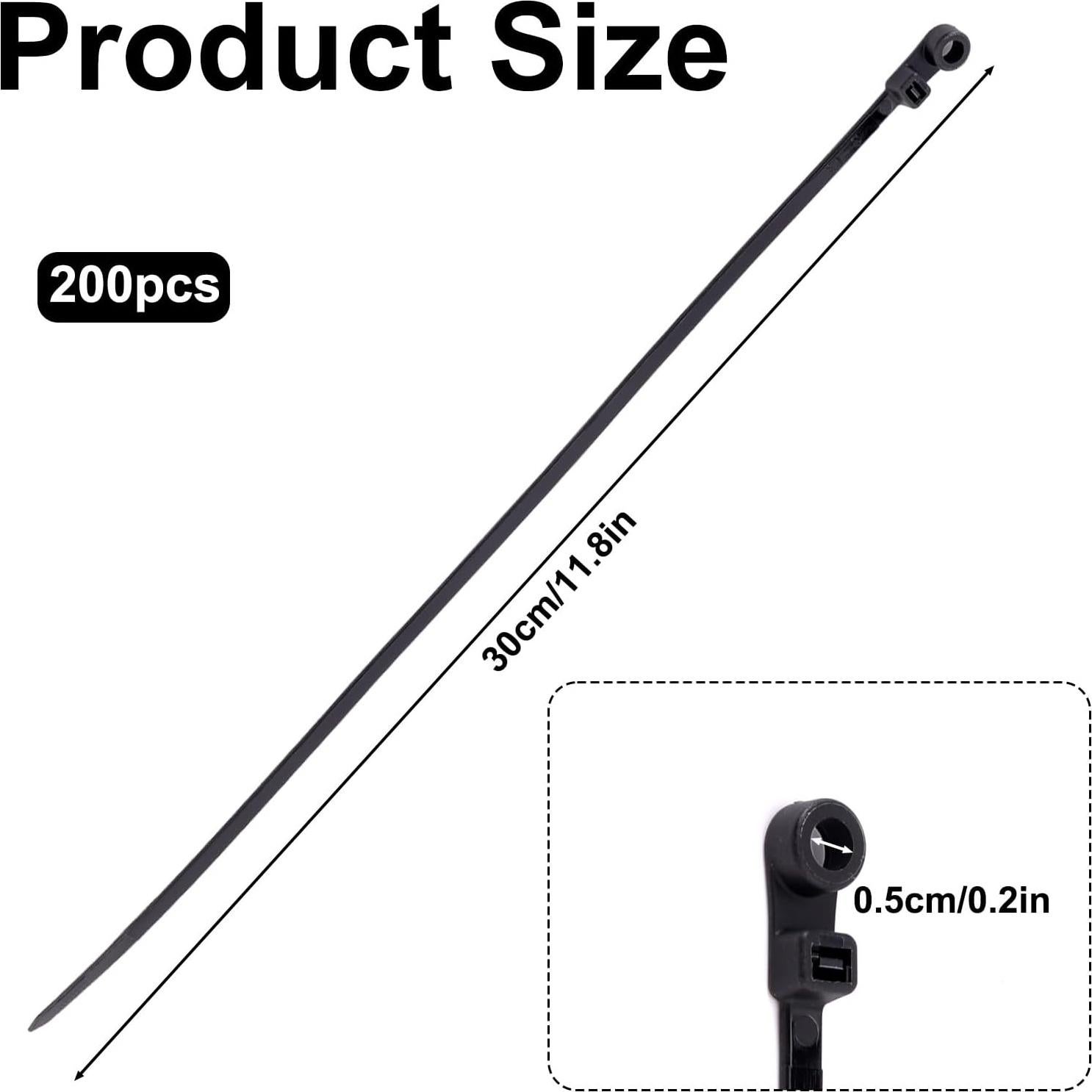 200 Bridas Negras de Nylon 30cm con Agujero para Tornillo