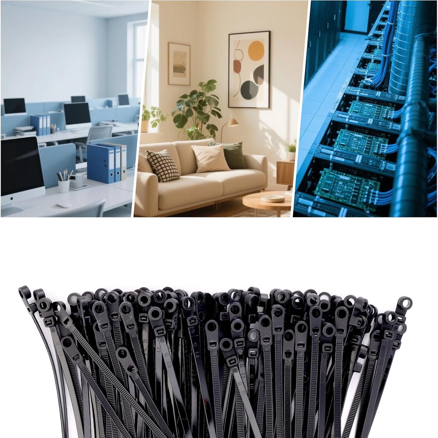 200 Bridas Negras de Nylon 30cm con Agujero para Tornillo