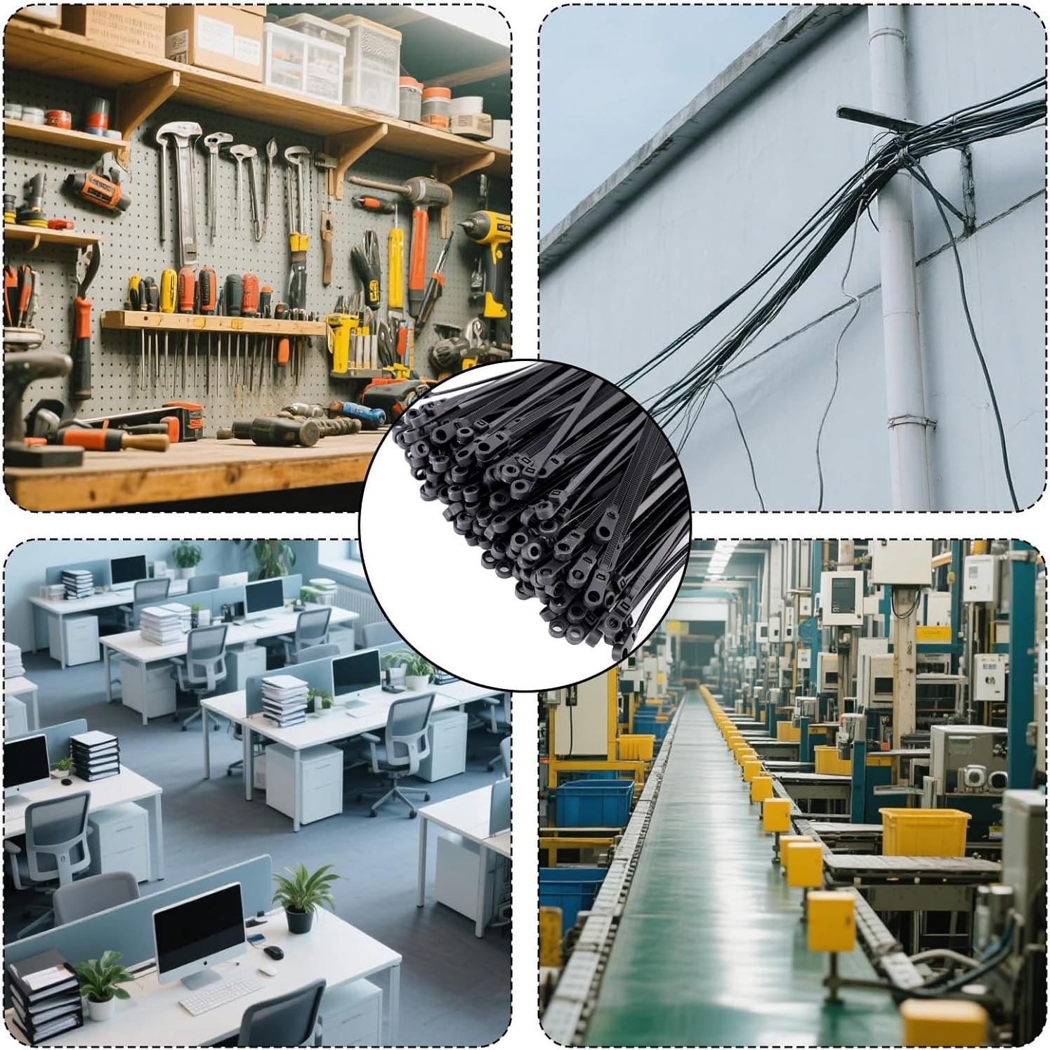 200 Bridas Negras de Nylon 30cm con Agujero para Tornillo