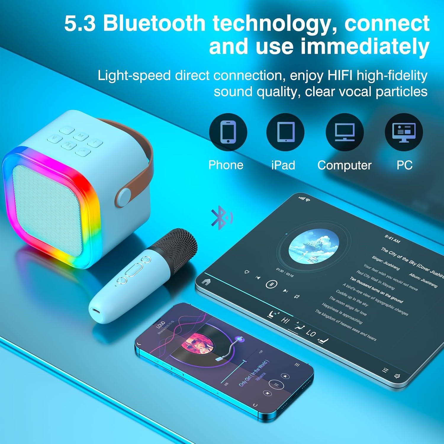 Mini Máquina de Karaoke Bluetooth K12 Azul con 2 Micrófonos